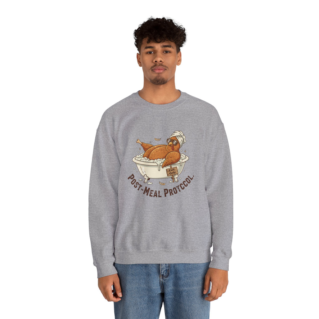 Crewneck Sweatshirt — "Post-Meal Protocol" Turkey Bath Cozy Graphic Pullover