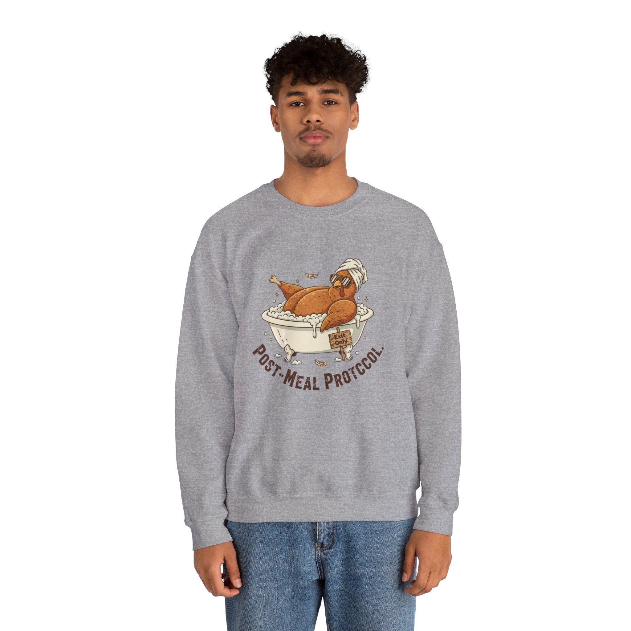 Crewneck Sweatshirt — "Post-Meal Protocol" Turkey Bath Cozy Graphic Pullover
