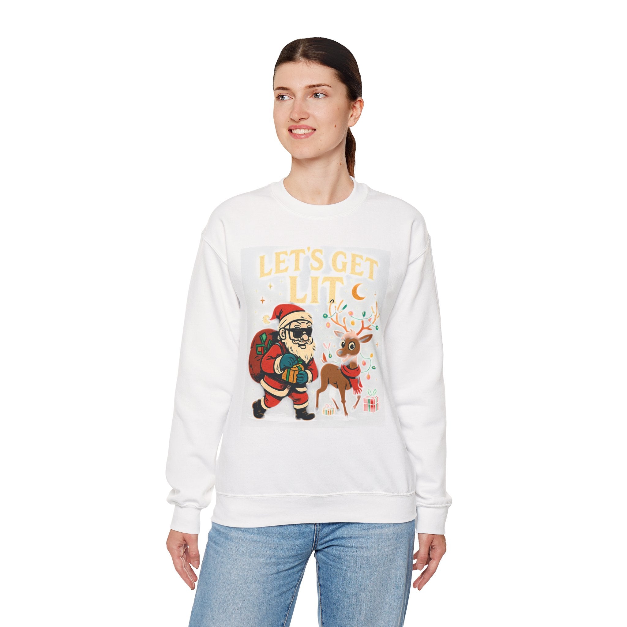 Crewneck Sweatshirt — 'Let's Get Lit' Santa & Reindeer Christmas Pullover