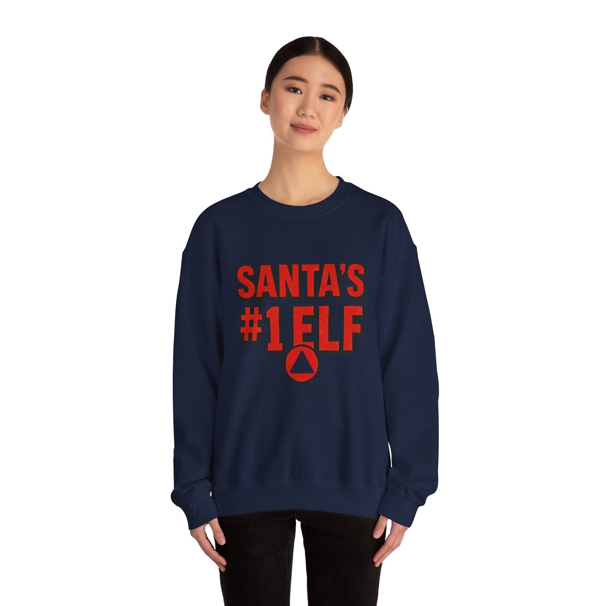 Santa's #1 Elf Crewneck Sweatshirt - Funny Holiday Christmas Sweater (I'm on the Naughty List)