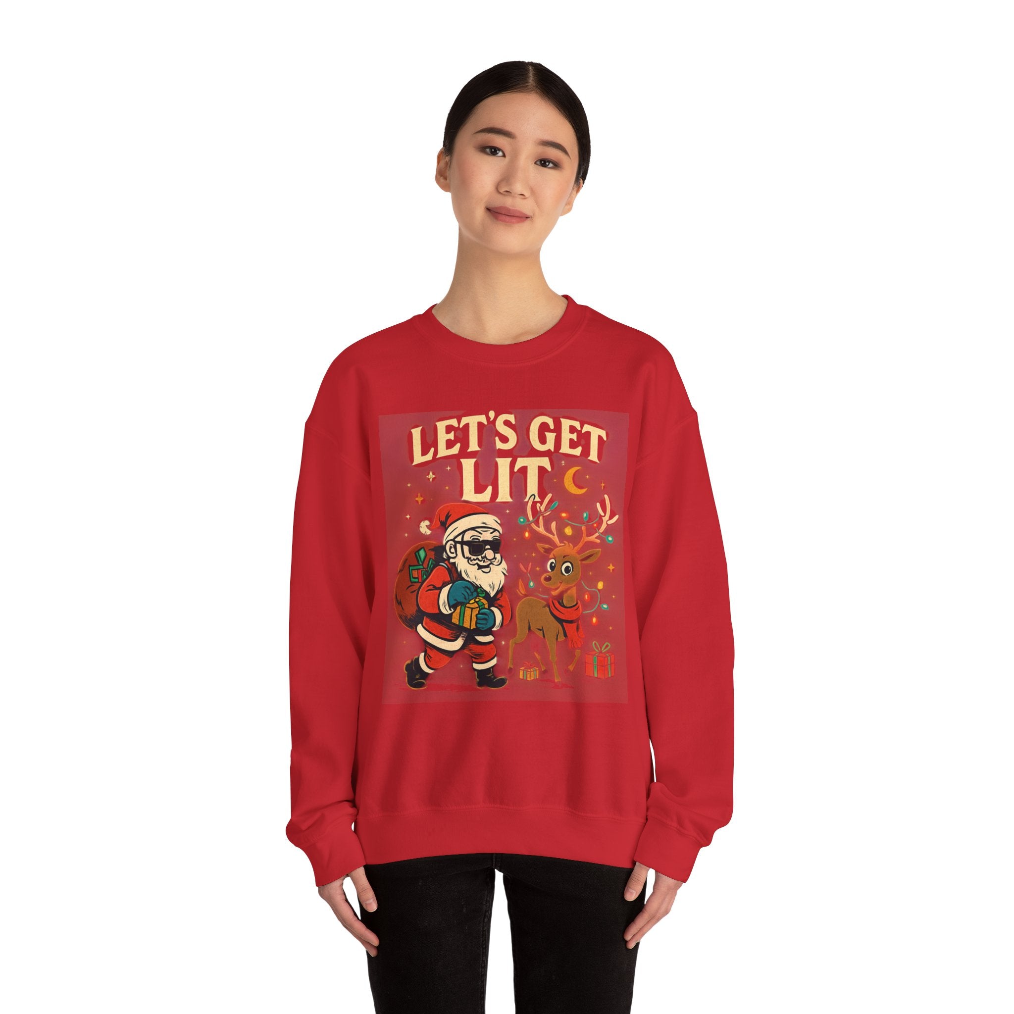 Crewneck Sweatshirt — 'Let's Get Lit' Santa & Reindeer Christmas Pullover