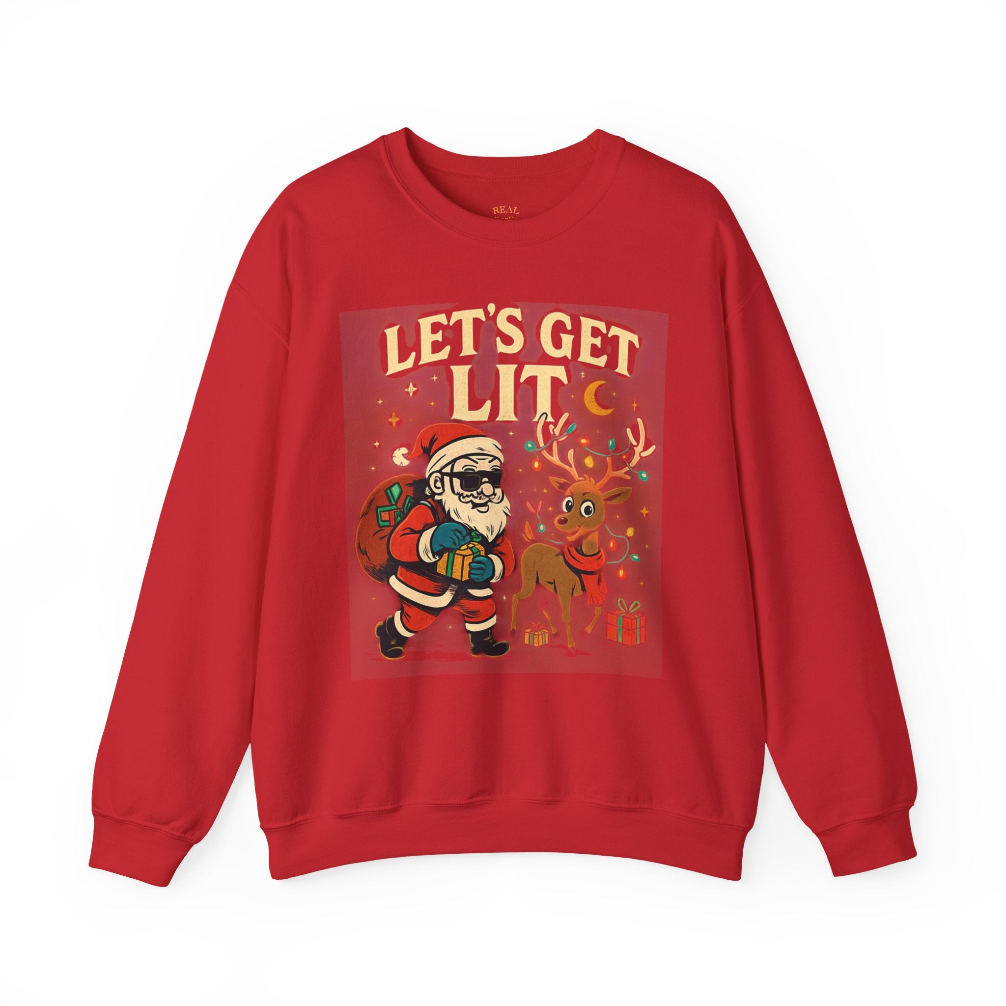 Crewneck Sweatshirt — 'Let's Get Lit' Santa & Reindeer Christmas Pullover