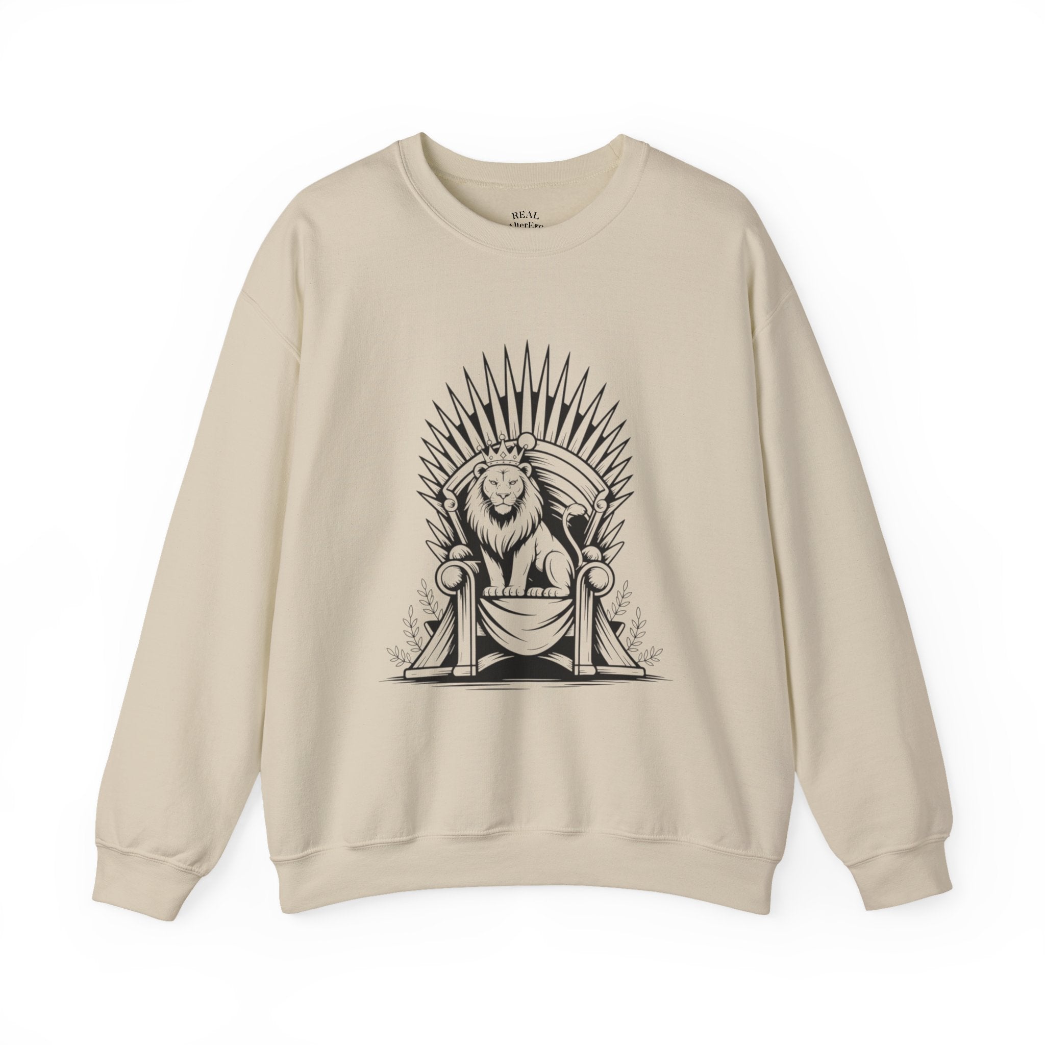 Lion Throne Crewneck Sweatshirt — Regal Lion Illustration Graphic