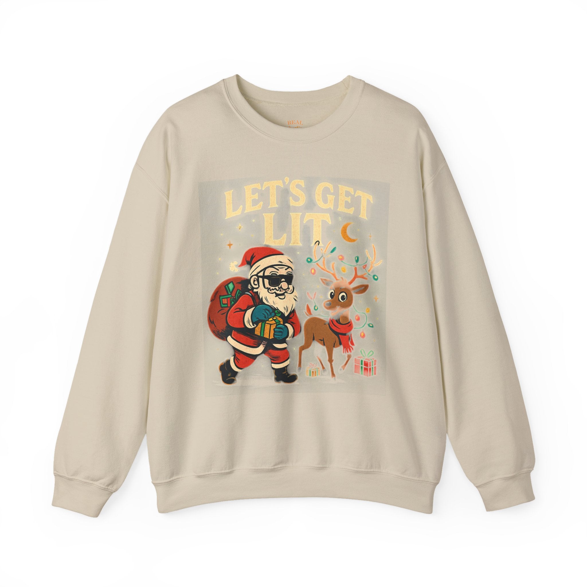 Crewneck Sweatshirt — 'Let's Get Lit' Santa & Reindeer Christmas Pullover