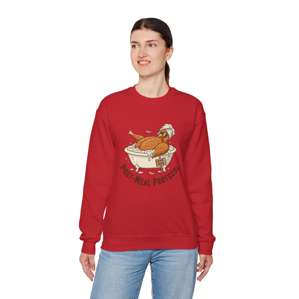 Crewneck Sweatshirt — "Post-Meal Protocol" Turkey Bath Cozy Graphic Pullover