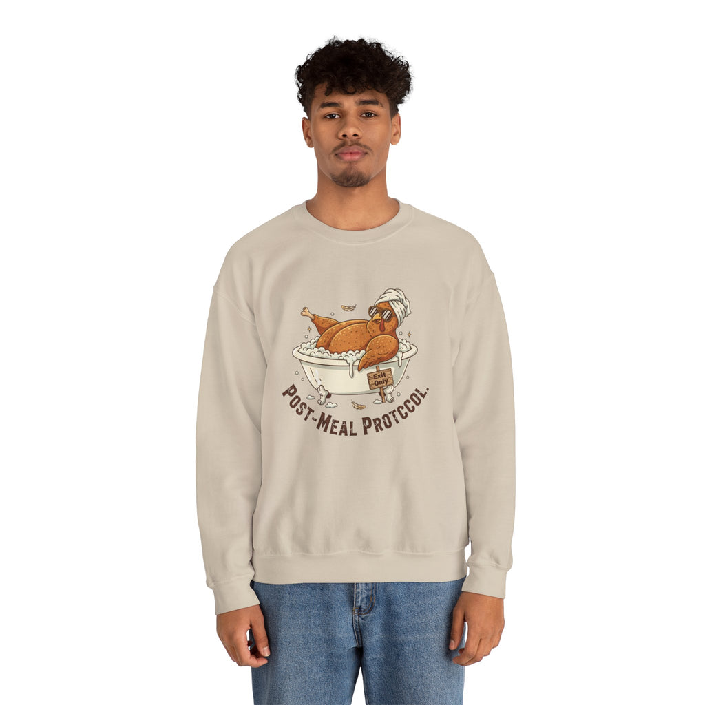 Crewneck Sweatshirt — "Post-Meal Protocol" Turkey Bath Cozy Graphic Pullover