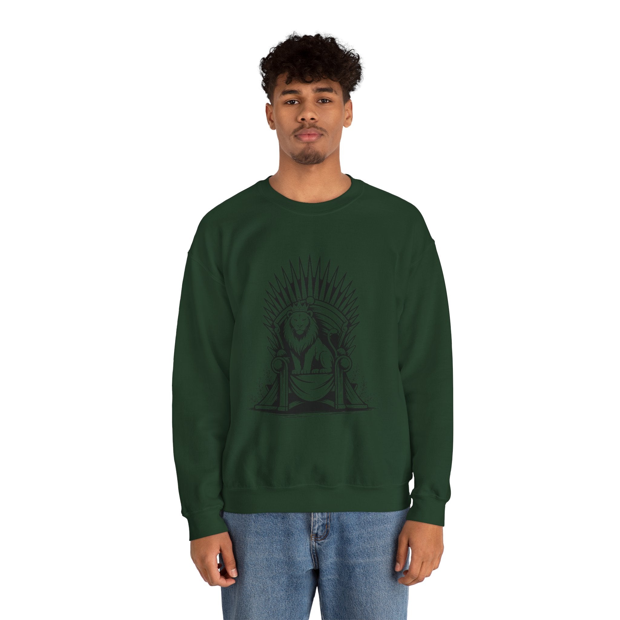 Lion Throne Crewneck Sweatshirt — Regal Lion Illustration Graphic