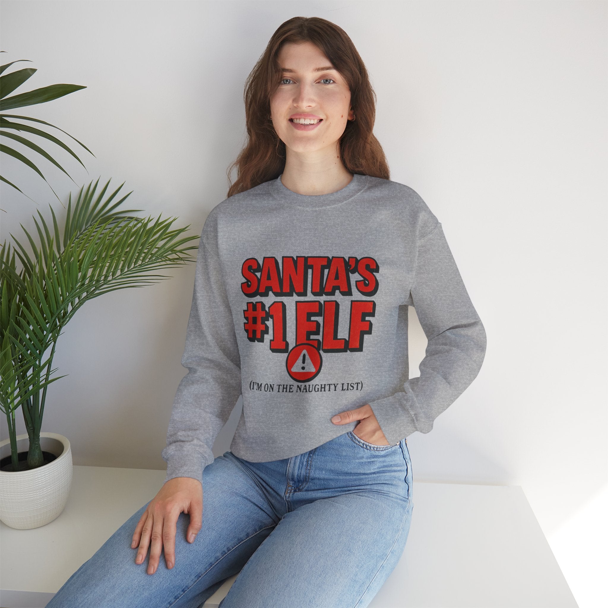 Santa's #1 Elf Crewneck Sweatshirt - Funny Holiday Christmas Sweater (I'm on the Naughty List)