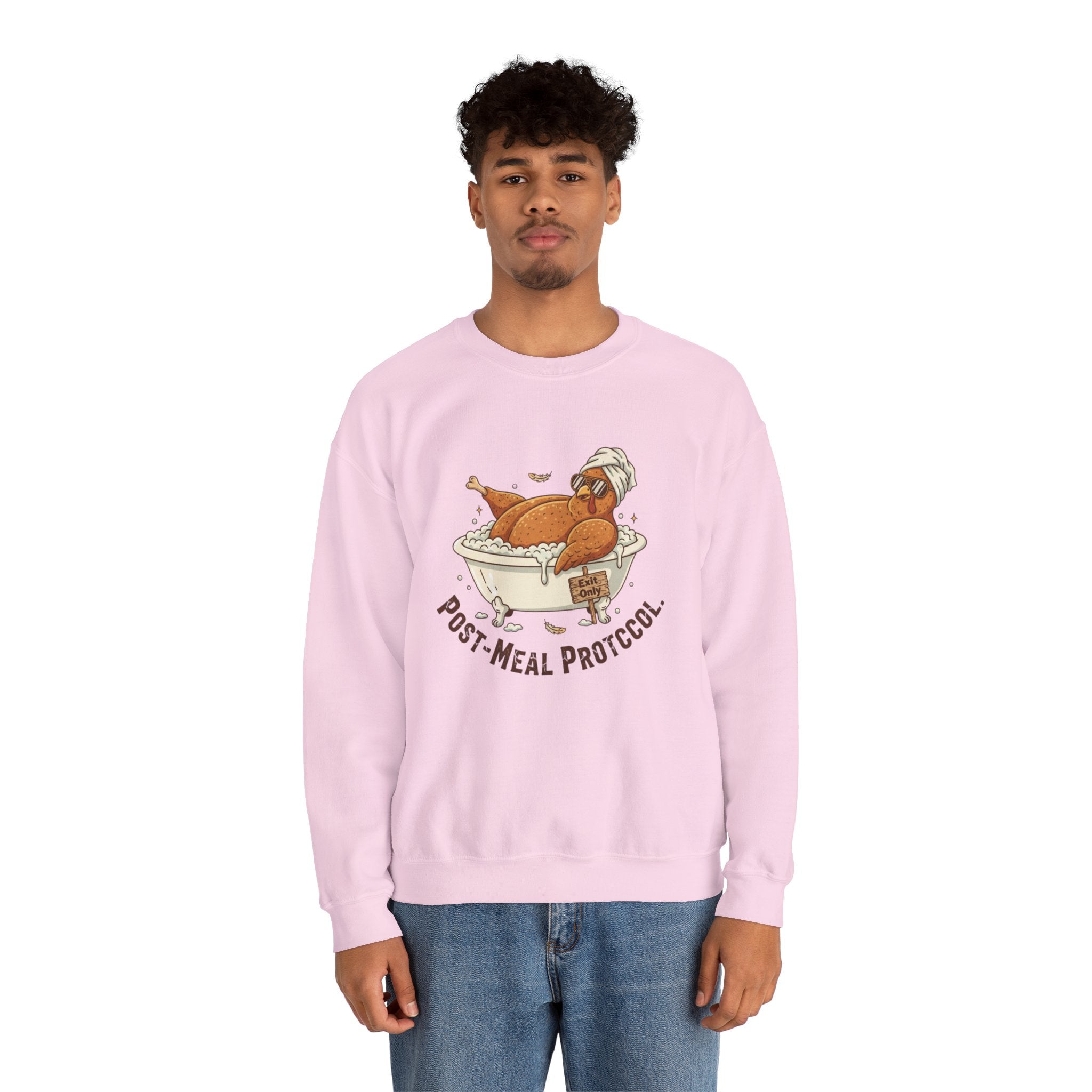 Crewneck Sweatshirt — "Post-Meal Protocol" Turkey Bath Cozy Graphic Pullover
