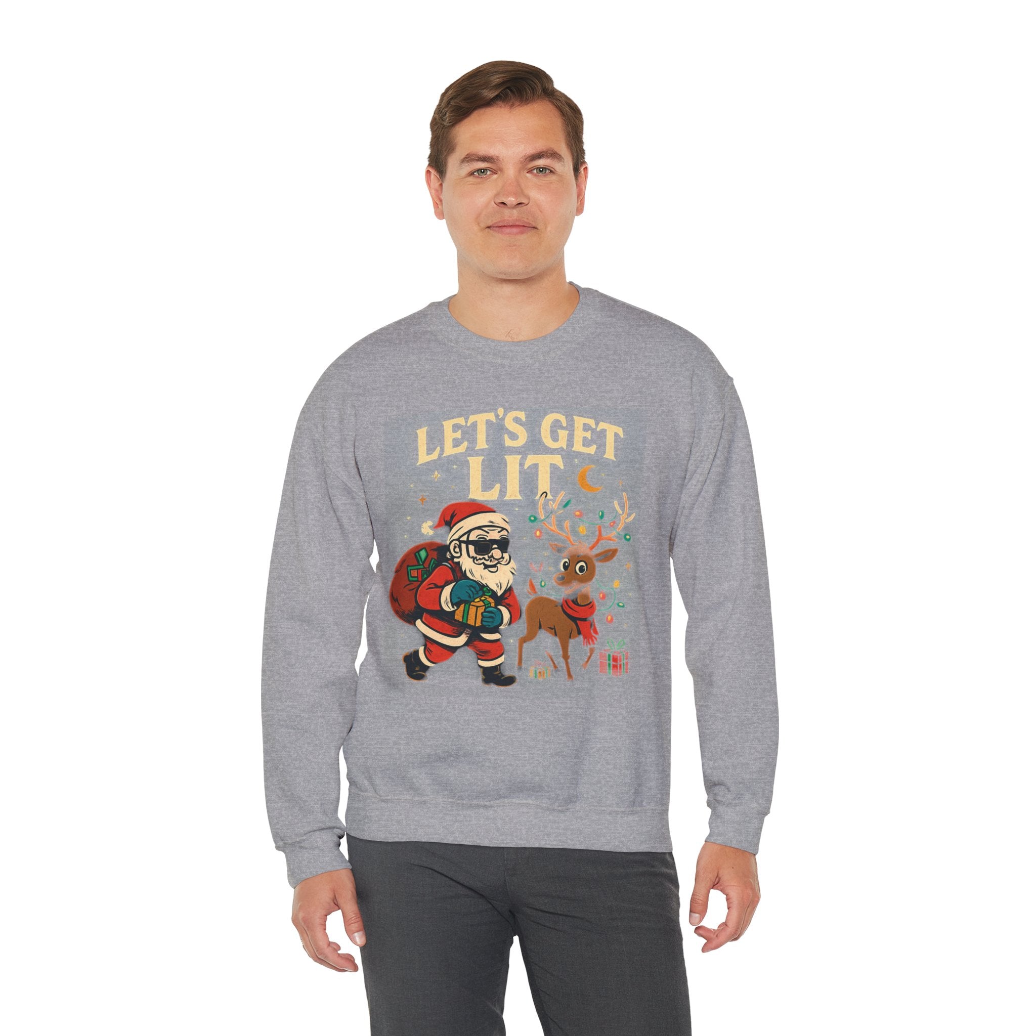 Crewneck Sweatshirt — 'Let's Get Lit' Santa & Reindeer Christmas Pullover