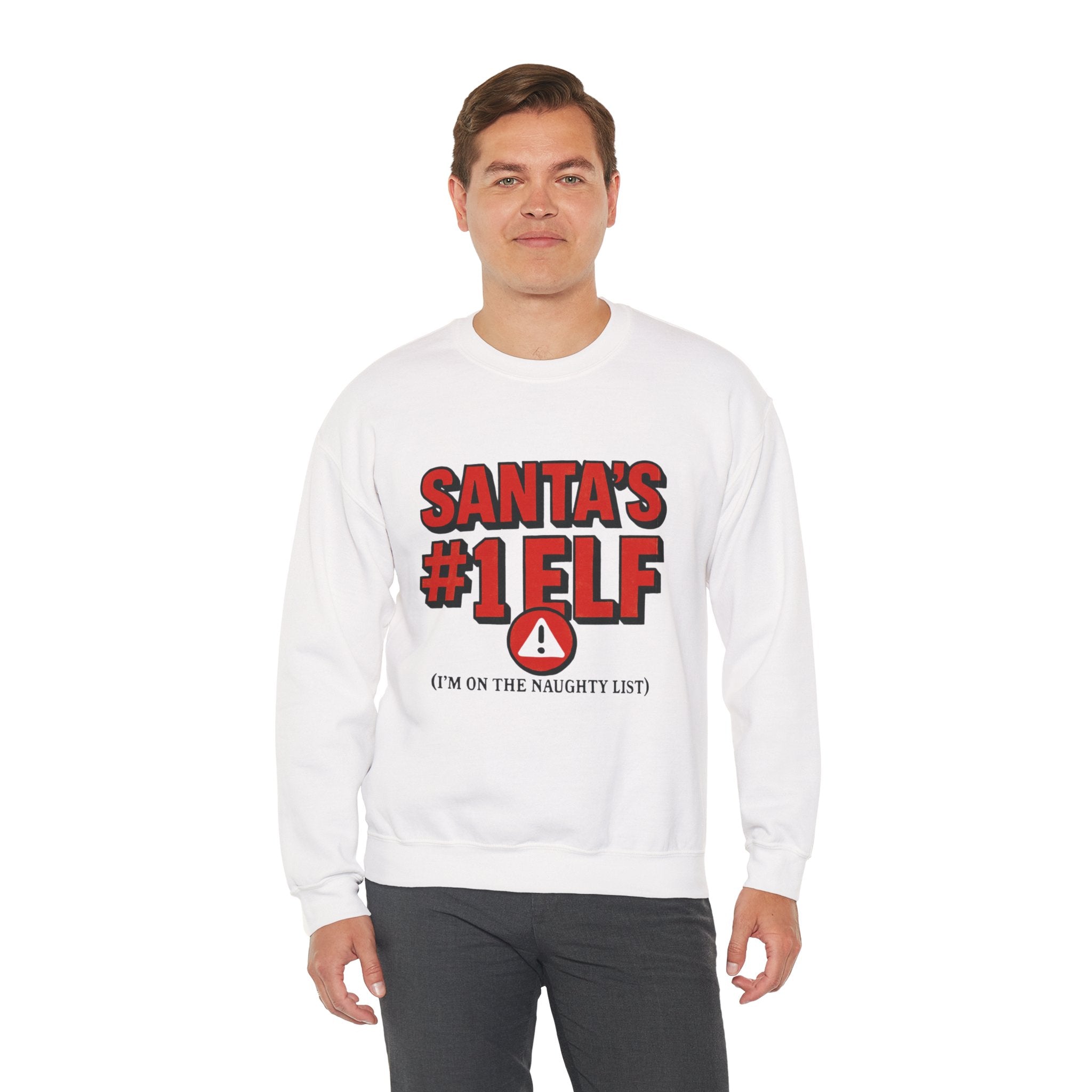 Santa's #1 Elf Crewneck Sweatshirt - Funny Holiday Christmas Sweater (I'm on the Naughty List)