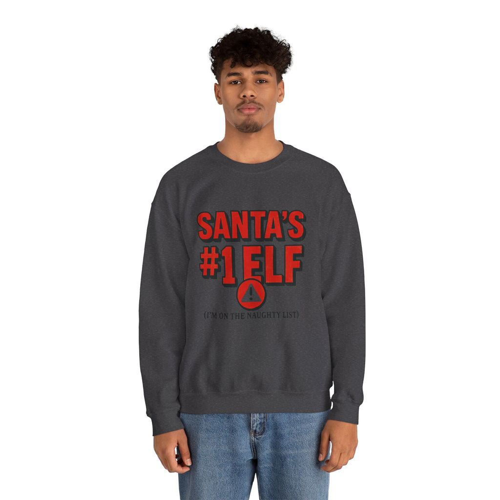Santa's #1 Elf Crewneck Sweatshirt - Funny Holiday Christmas Sweater (I'm on the Naughty List)