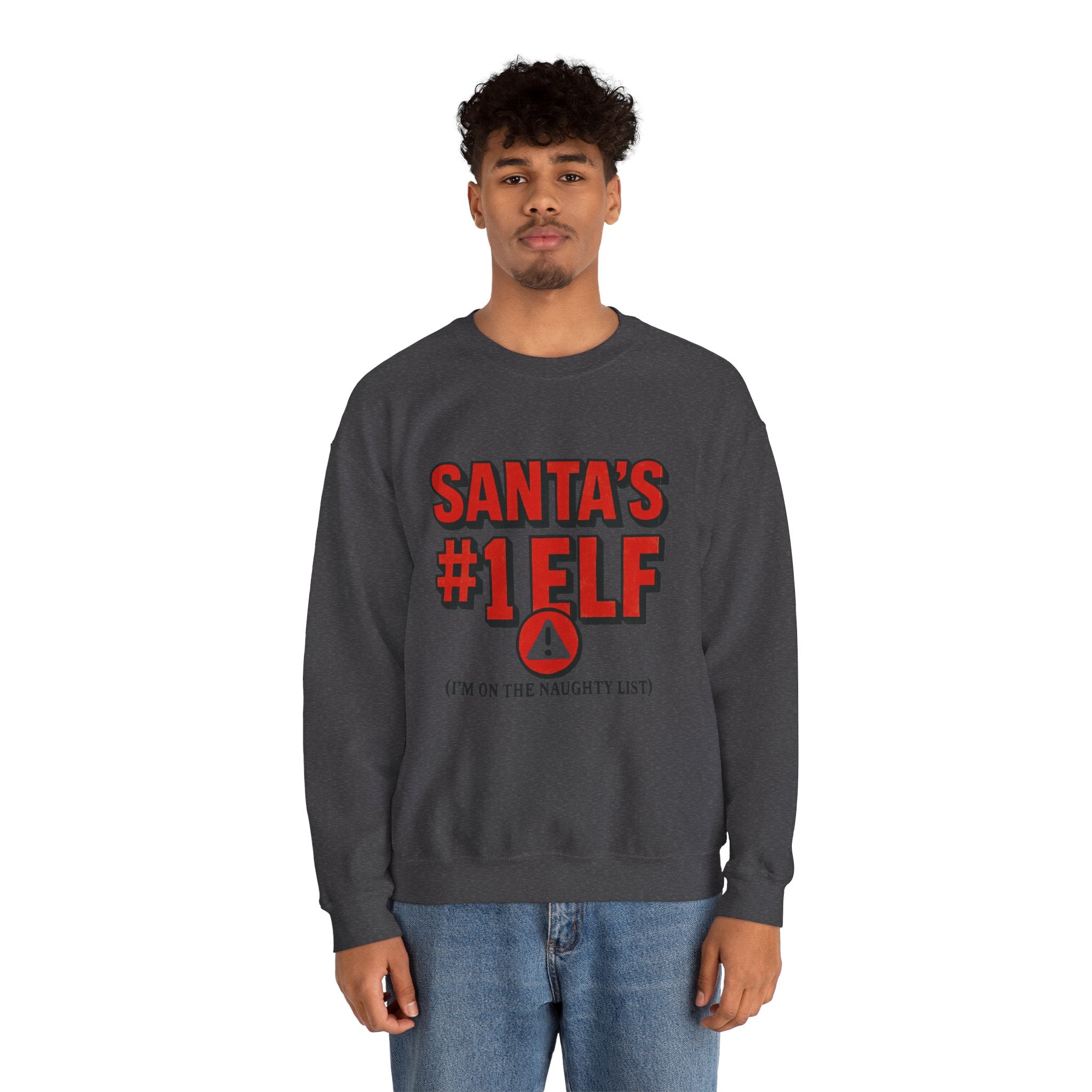 Santa's #1 Elf Crewneck Sweatshirt - Funny Holiday Christmas Sweater (I'm on the Naughty List)