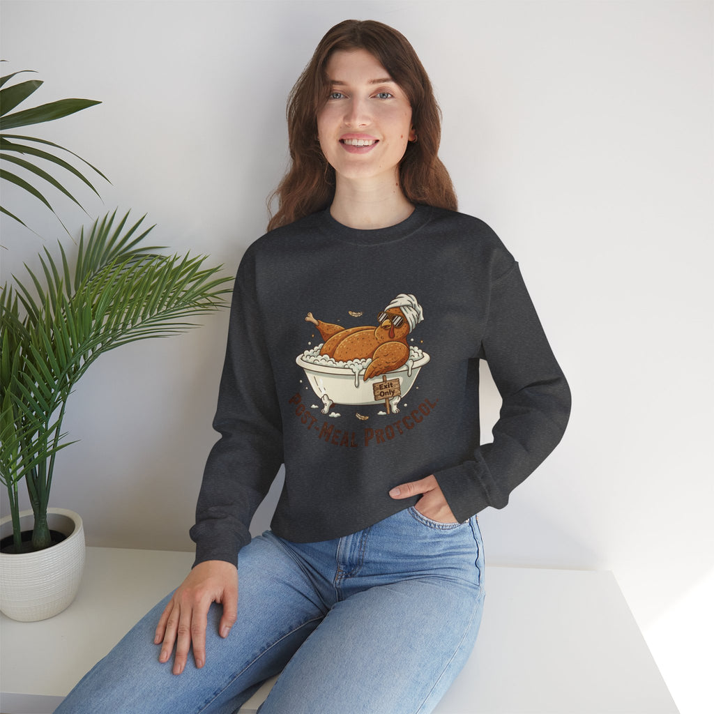 Crewneck Sweatshirt — "Post-Meal Protocol" Turkey Bath Cozy Graphic Pullover