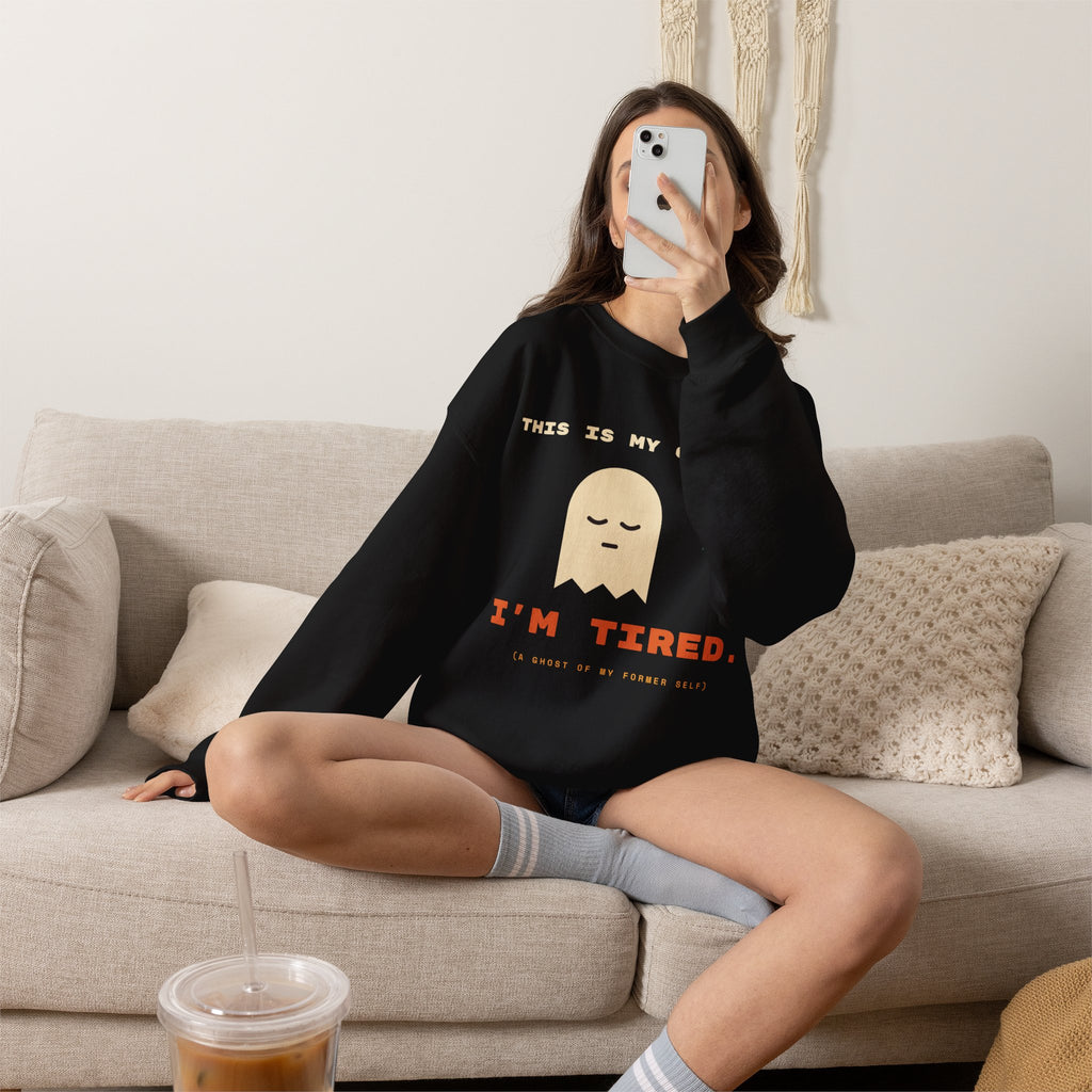 Crewneck Sweatshirt - "This Is My Costume. I’m Tired." Cute Sleepy Ghost Graphic