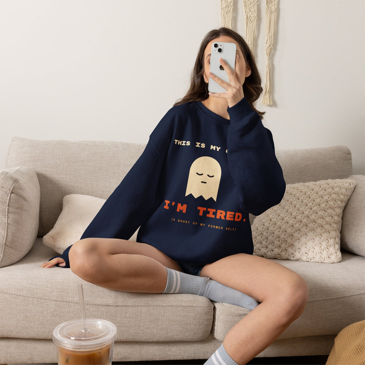 Crewneck Sweatshirt - "This Is My Costume. I’m Tired." Cute Sleepy Ghost Graphic