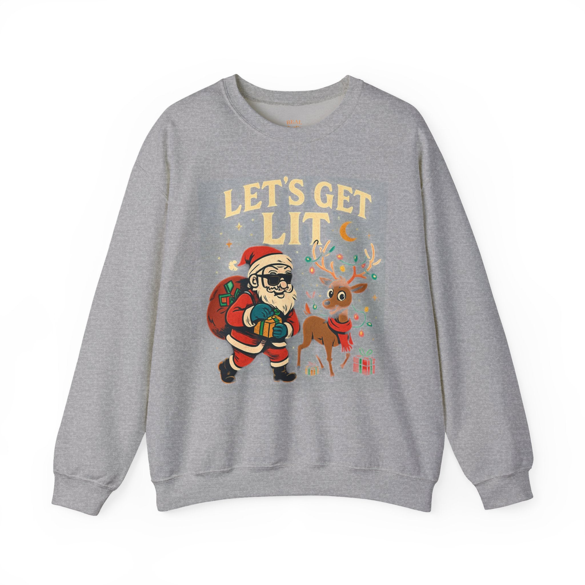 Crewneck Sweatshirt — 'Let's Get Lit' Santa & Reindeer Christmas Pullover