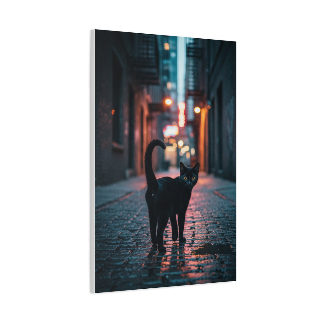 Black Cat Alley Matte Canvas Print — Noir Street Photography Wall Art