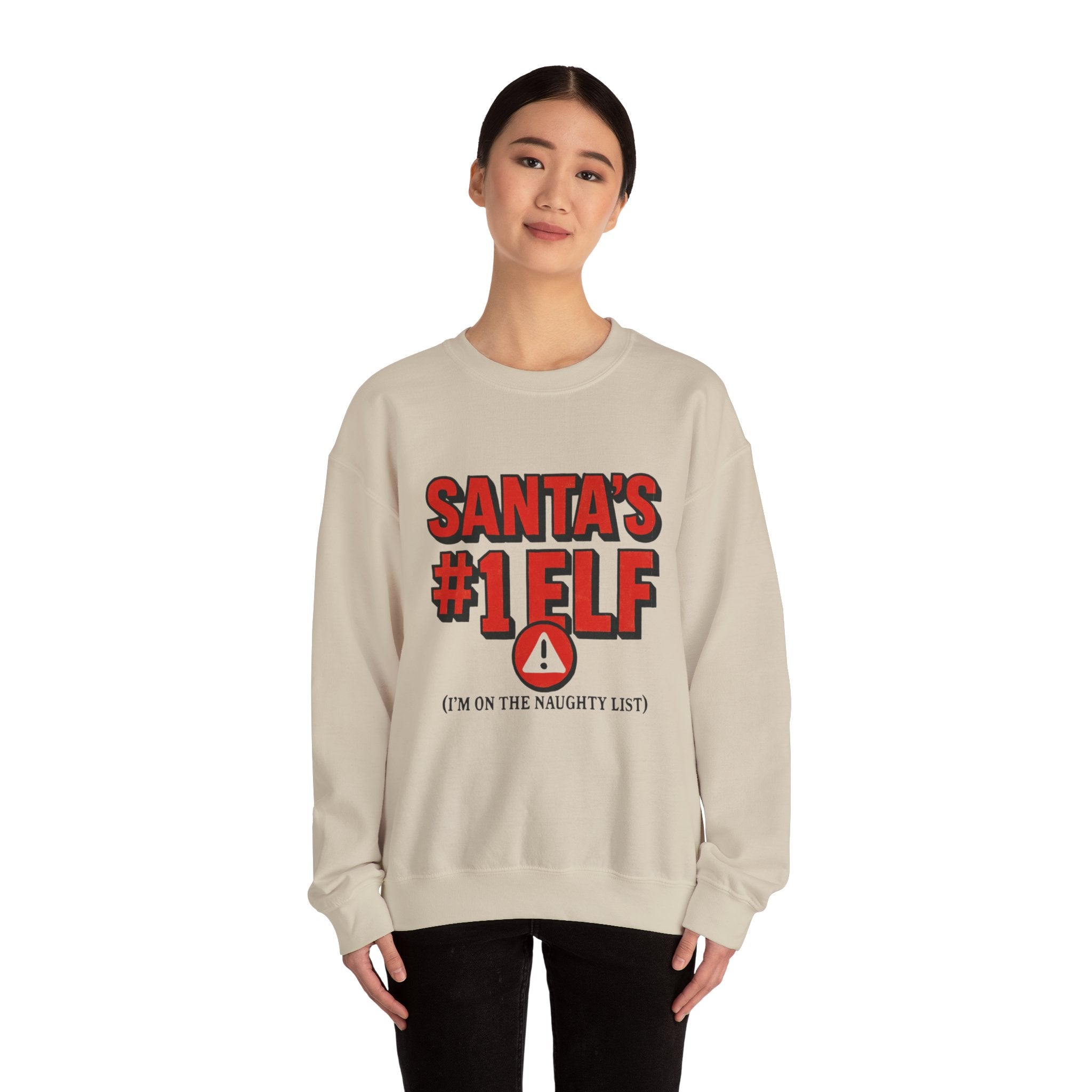 Santa's #1 Elf Crewneck Sweatshirt - Funny Holiday Christmas Sweater (I'm on the Naughty List)