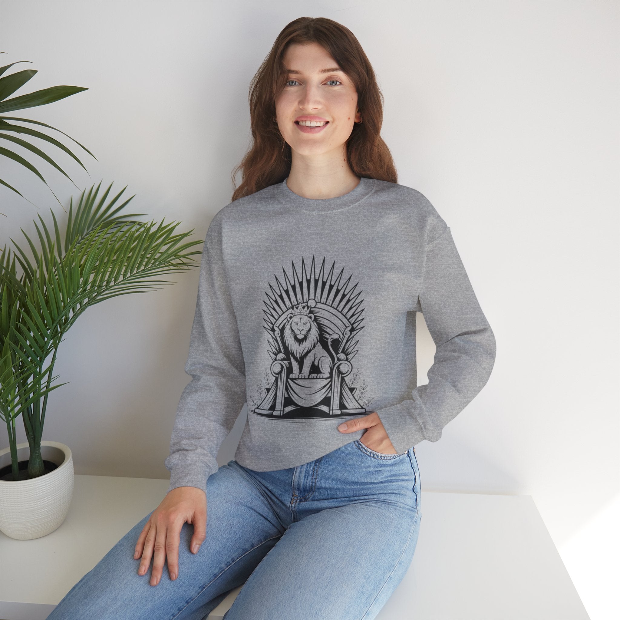 Lion Throne Crewneck Sweatshirt — Regal Lion Illustration Graphic