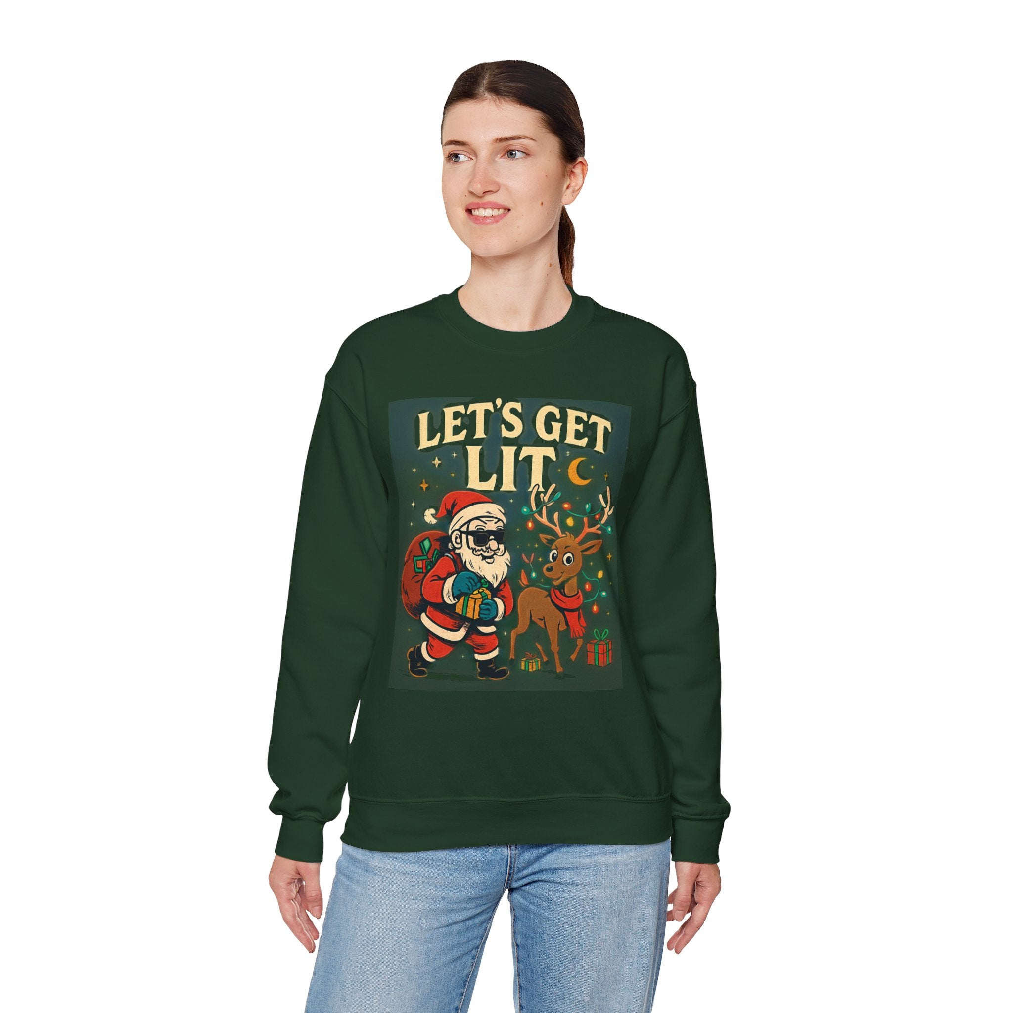 Crewneck Sweatshirt — 'Let's Get Lit' Santa & Reindeer Christmas Pullover