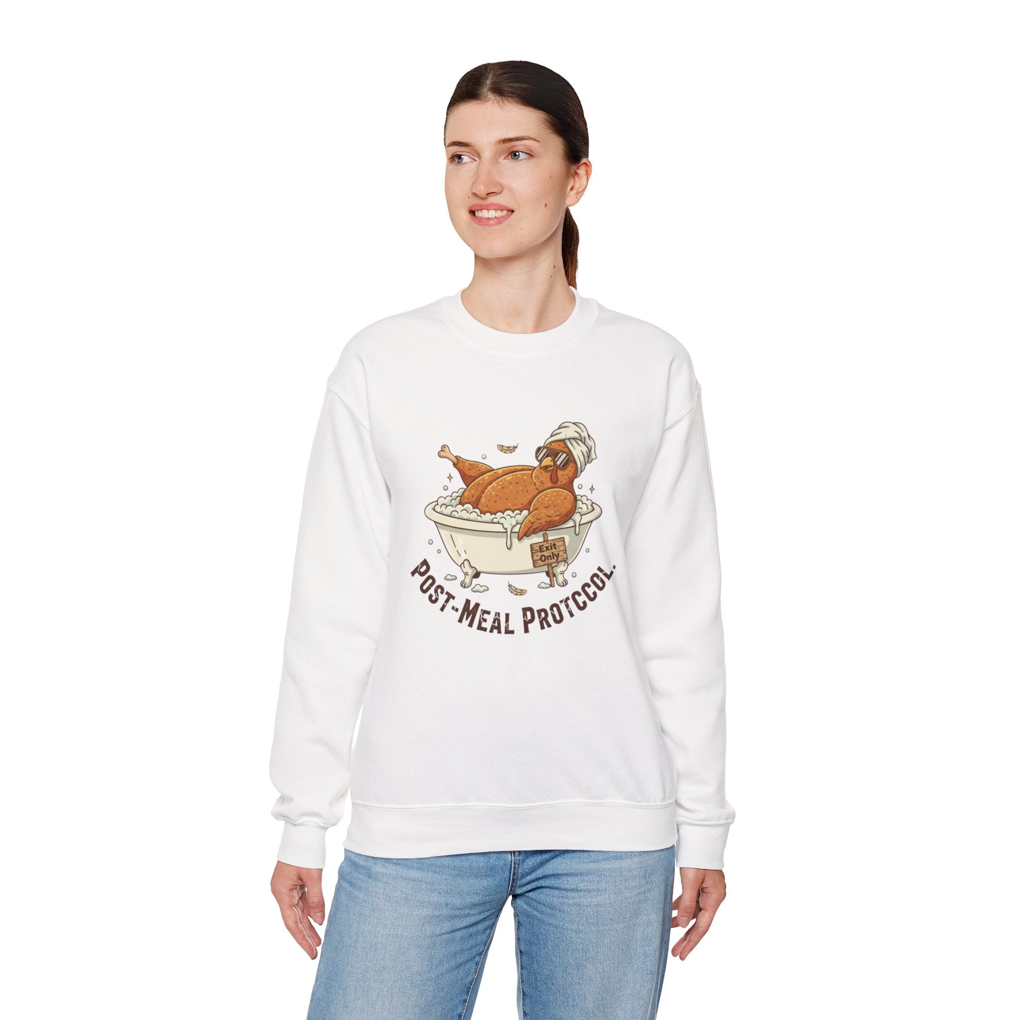 Crewneck Sweatshirt — "Post-Meal Protocol" Turkey Bath Cozy Graphic Pullover