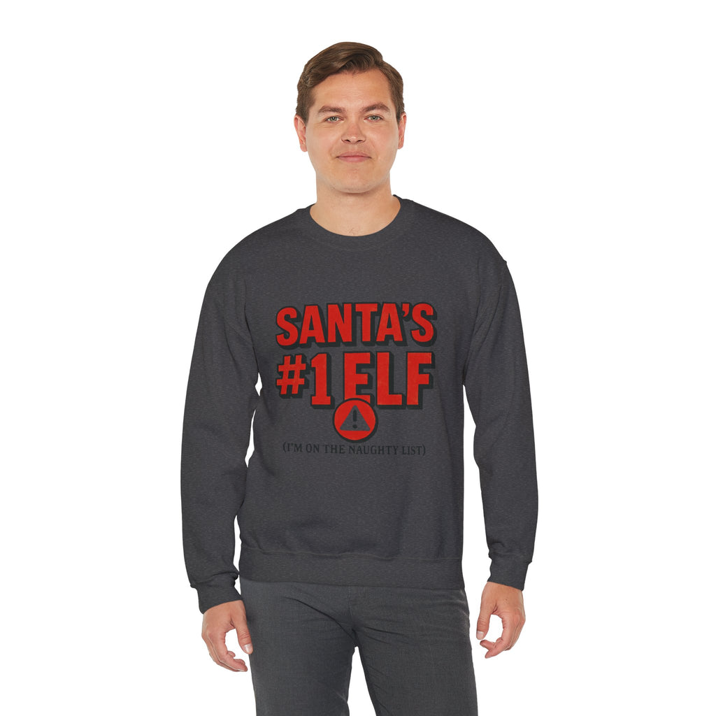 Santa's #1 Elf Crewneck Sweatshirt - Funny Holiday Christmas Sweater (I'm on the Naughty List)