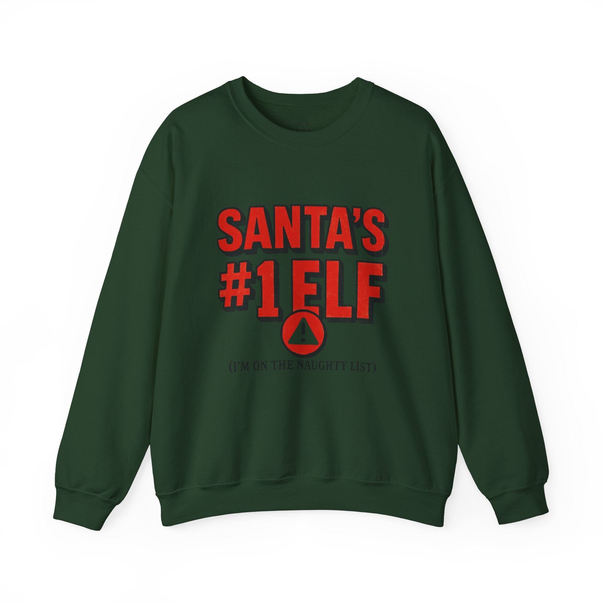 Santa's #1 Elf Crewneck Sweatshirt - Funny Holiday Christmas Sweater (I'm on the Naughty List)