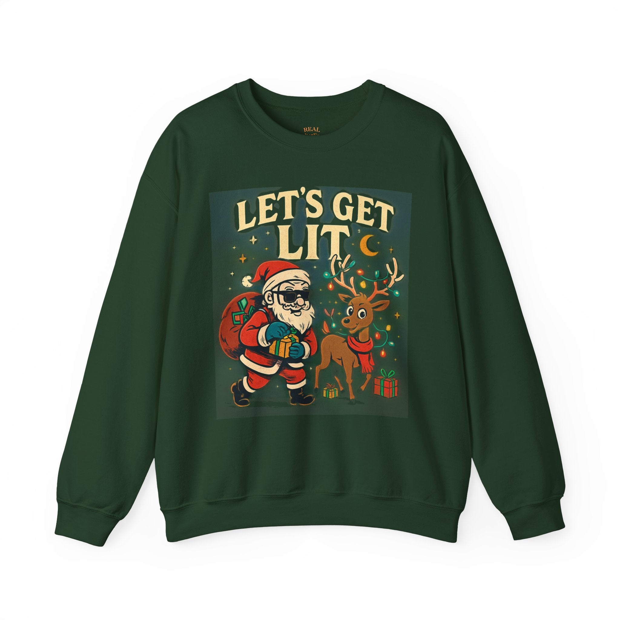 Crewneck Sweatshirt — 'Let's Get Lit' Santa & Reindeer Christmas Pullover