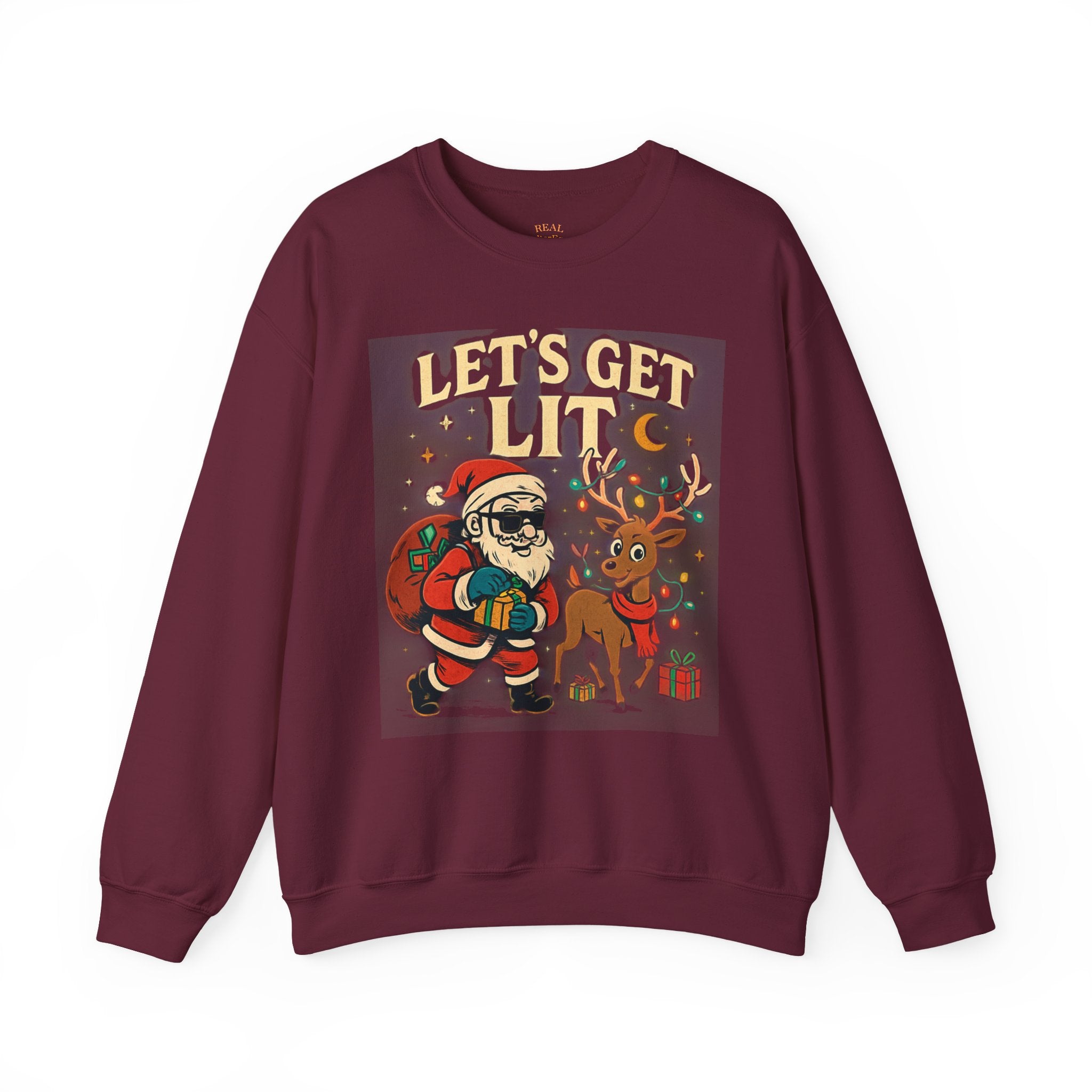 Crewneck Sweatshirt — 'Let's Get Lit' Santa & Reindeer Christmas Pullover