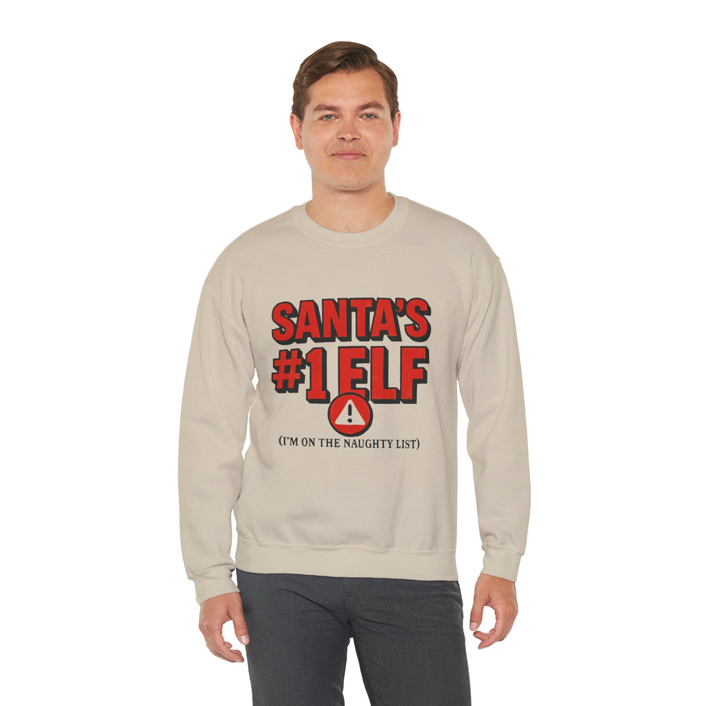 Santa's #1 Elf Crewneck Sweatshirt - Funny Holiday Christmas Sweater (I'm on the Naughty List)
