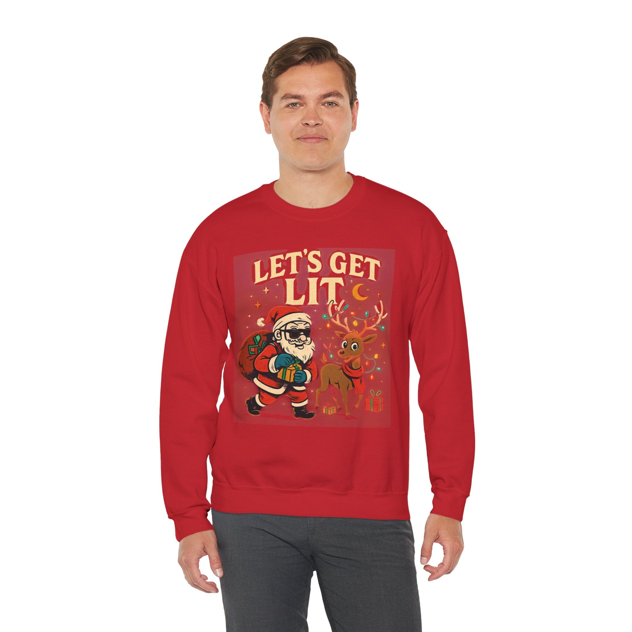 Crewneck Sweatshirt — 'Let's Get Lit' Santa & Reindeer Christmas Pullover