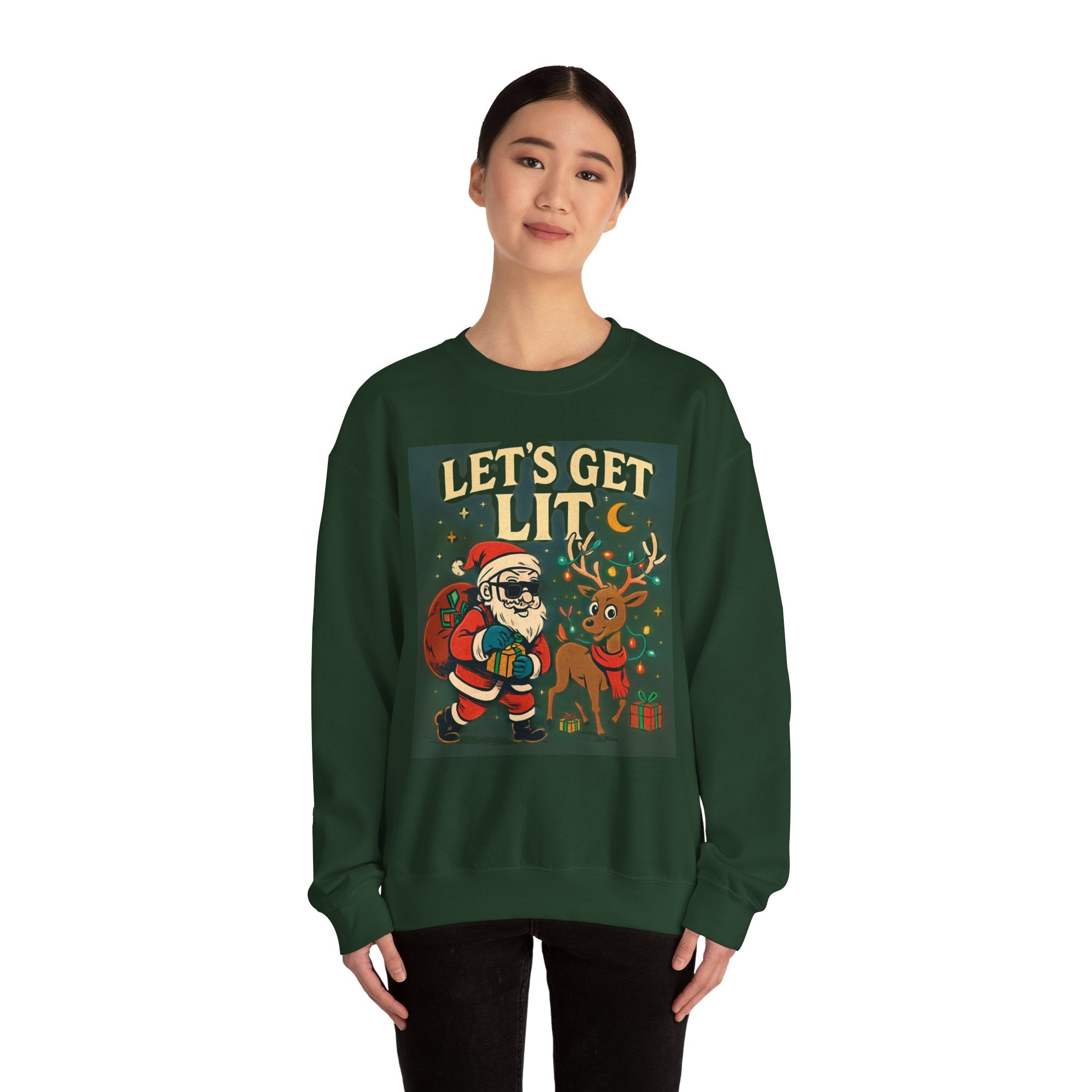 Crewneck Sweatshirt — 'Let's Get Lit' Santa & Reindeer Christmas Pullover
