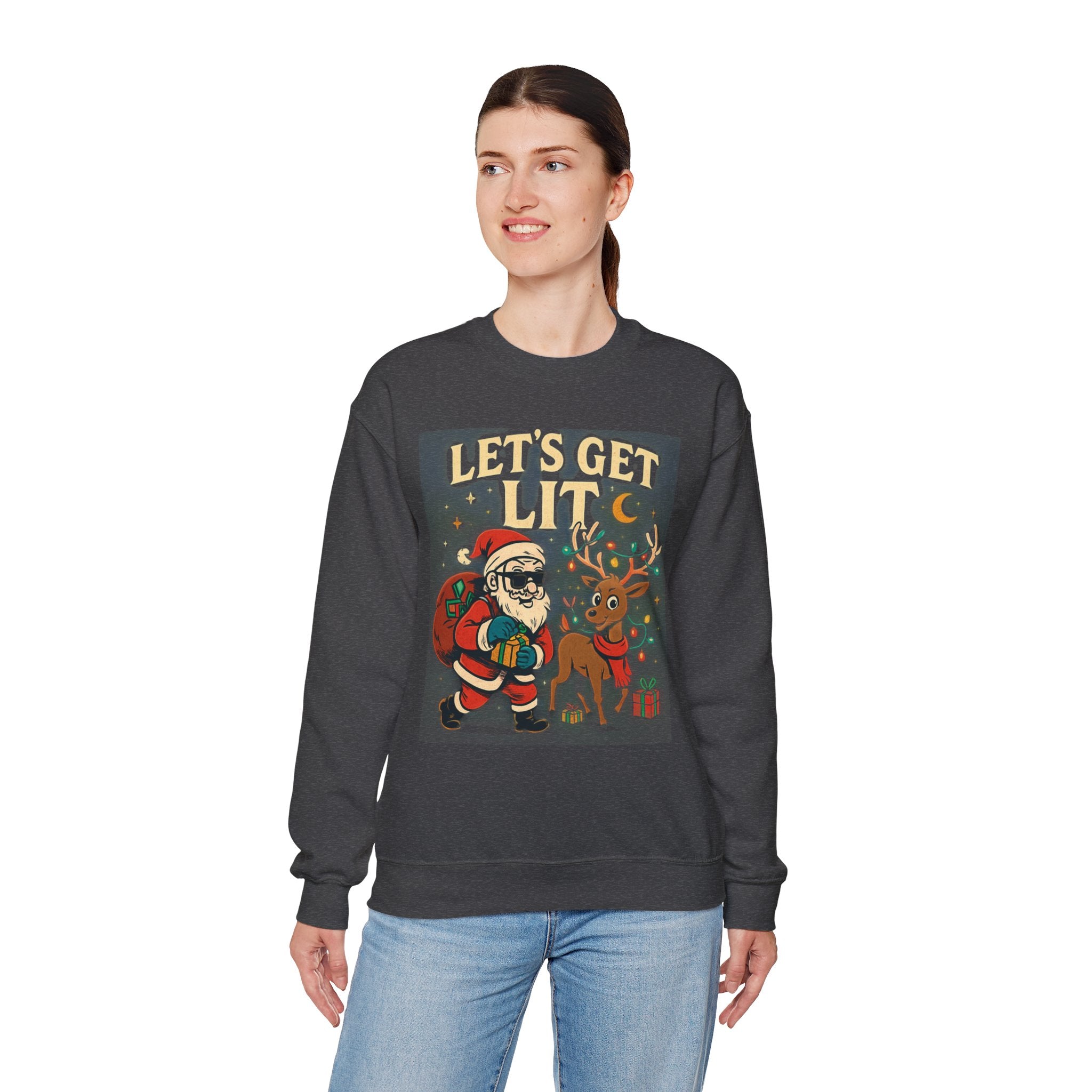 Crewneck Sweatshirt — 'Let's Get Lit' Santa & Reindeer Christmas Pullover