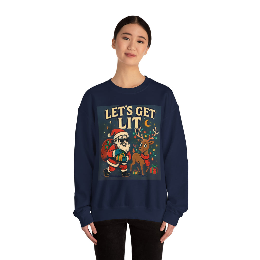 Crewneck Sweatshirt — 'Let's Get Lit' Santa & Reindeer Christmas Pullover