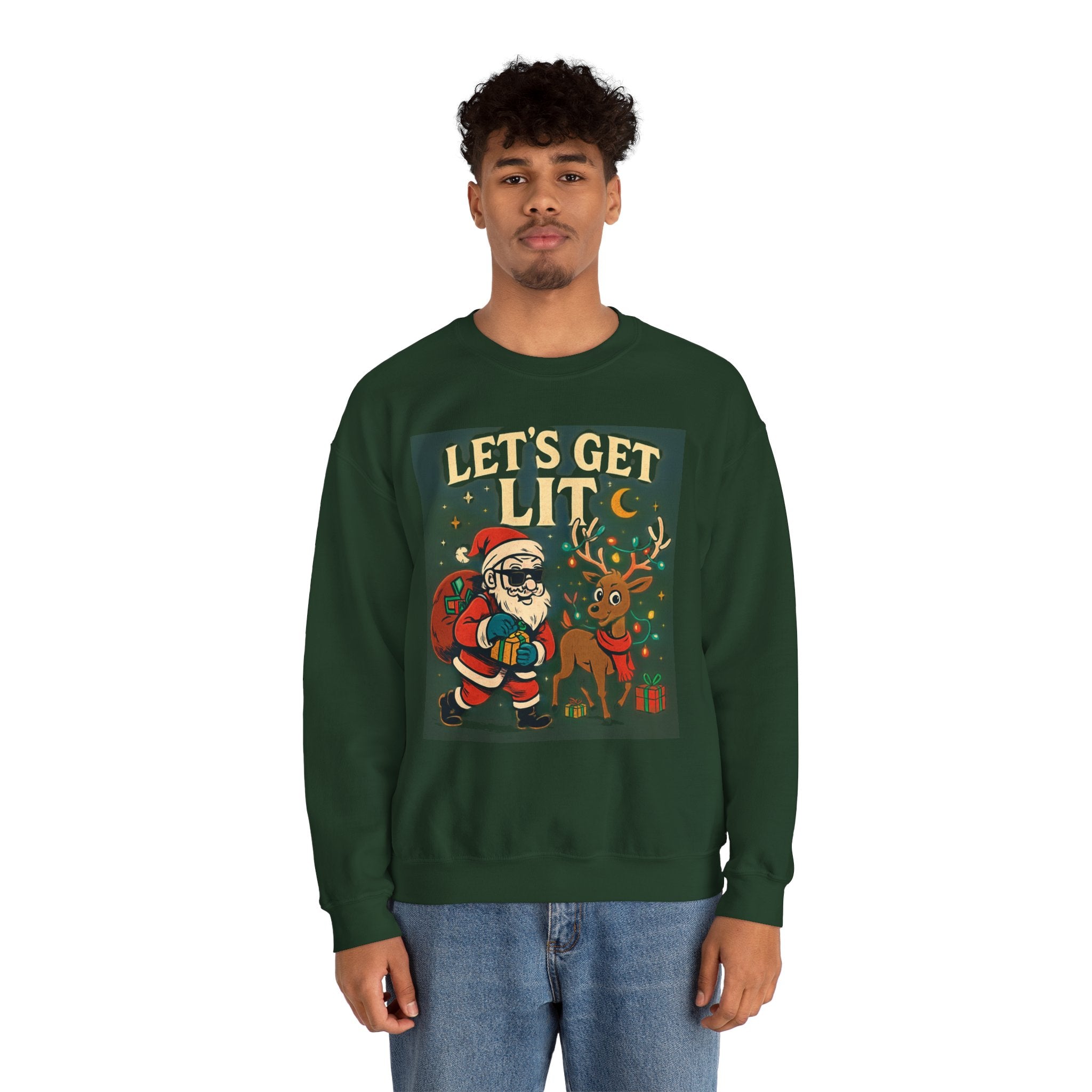 Crewneck Sweatshirt — 'Let's Get Lit' Santa & Reindeer Christmas Pullover