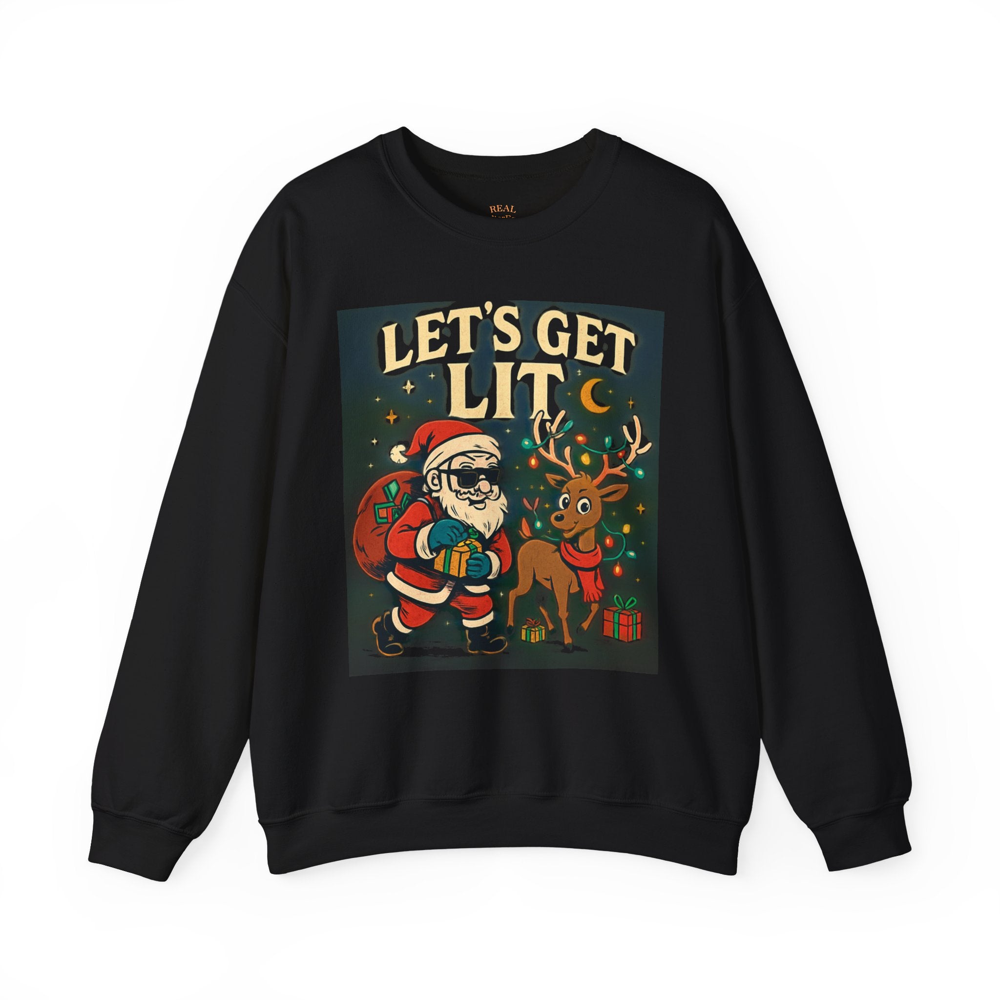Crewneck Sweatshirt — 'Let's Get Lit' Santa & Reindeer Christmas Pullover