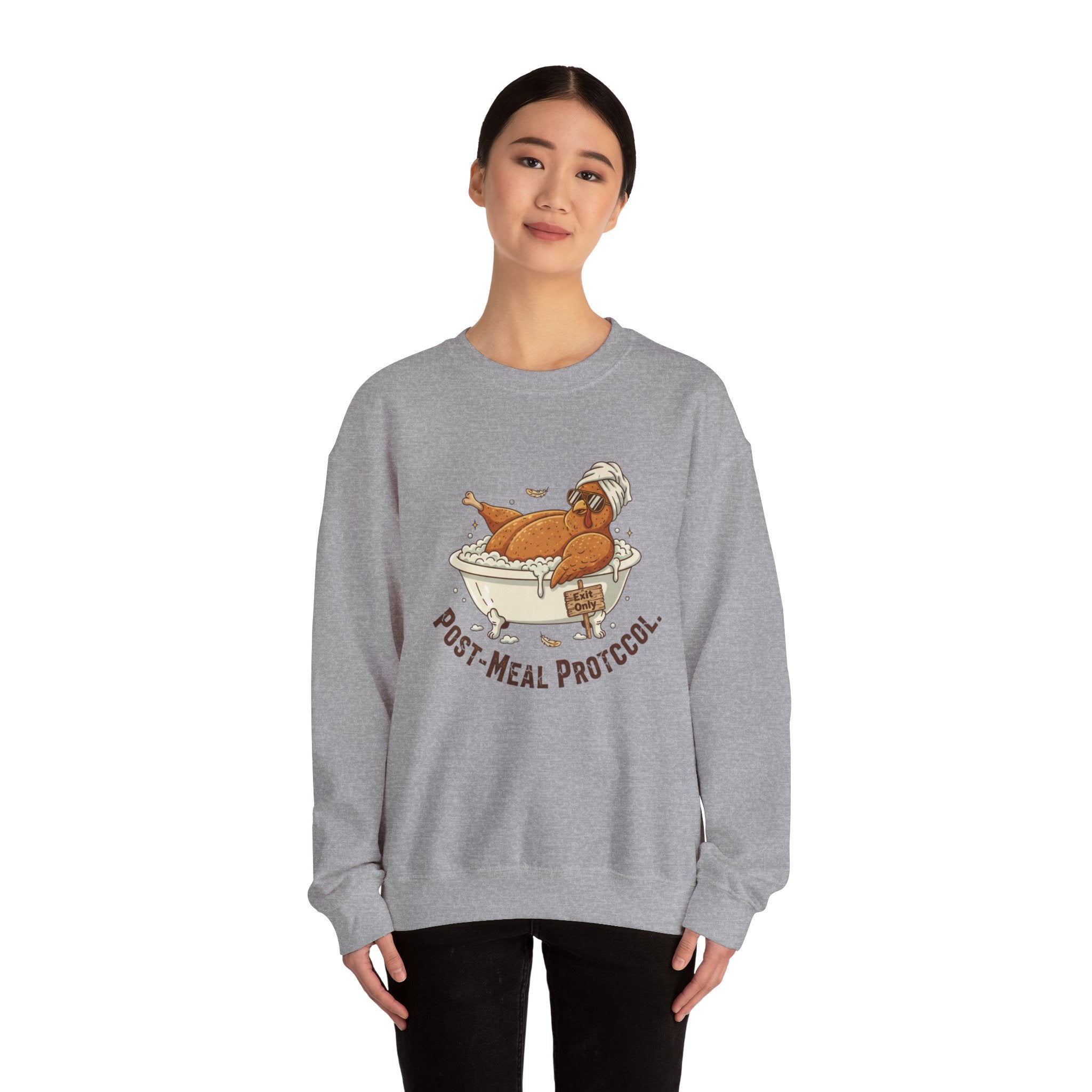 Crewneck Sweatshirt — "Post-Meal Protocol" Turkey Bath Cozy Graphic Pullover