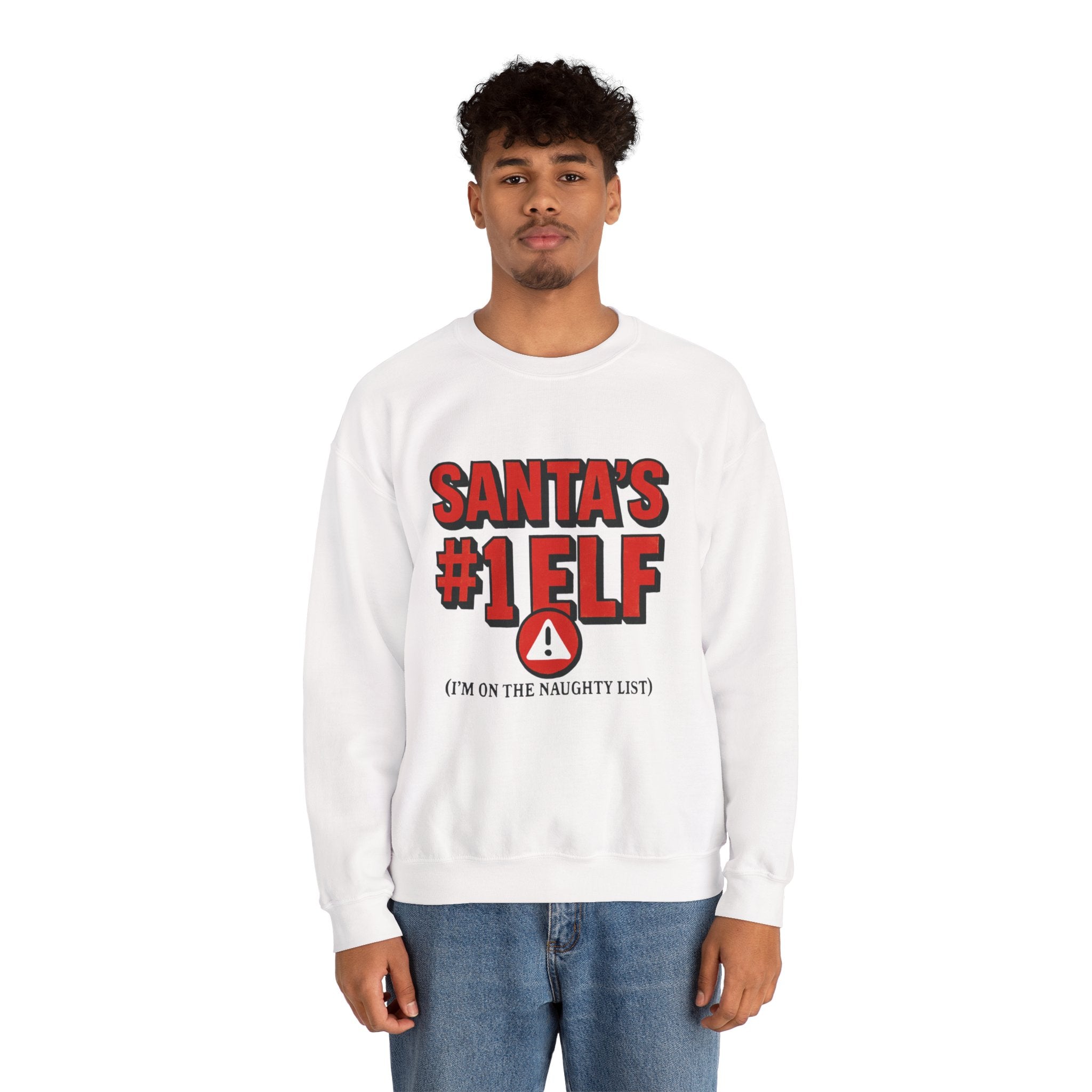 Santa's #1 Elf Crewneck Sweatshirt - Funny Holiday Christmas Sweater (I'm on the Naughty List)