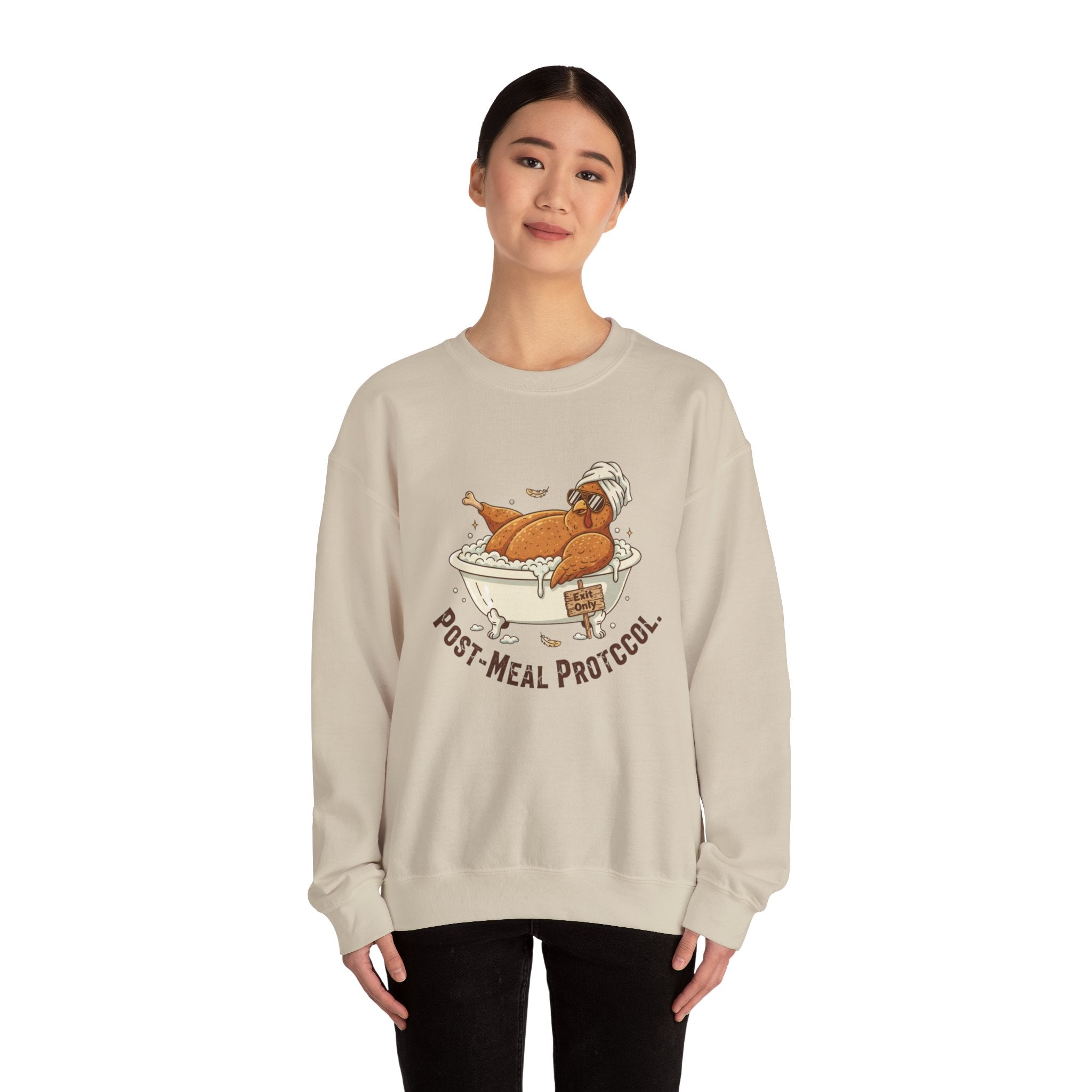 Crewneck Sweatshirt — "Post-Meal Protocol" Turkey Bath Cozy Graphic Pullover