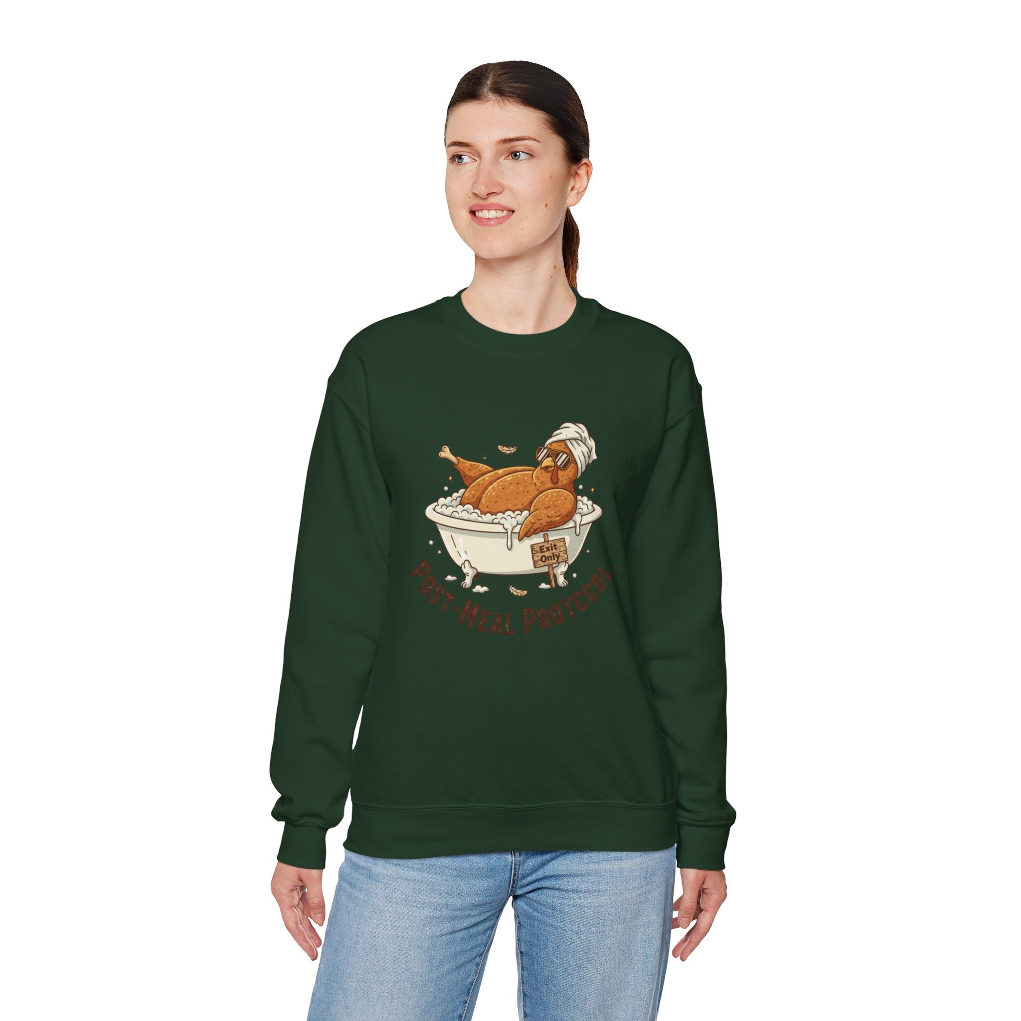 Crewneck Sweatshirt — "Post-Meal Protocol" Turkey Bath Cozy Graphic Pullover