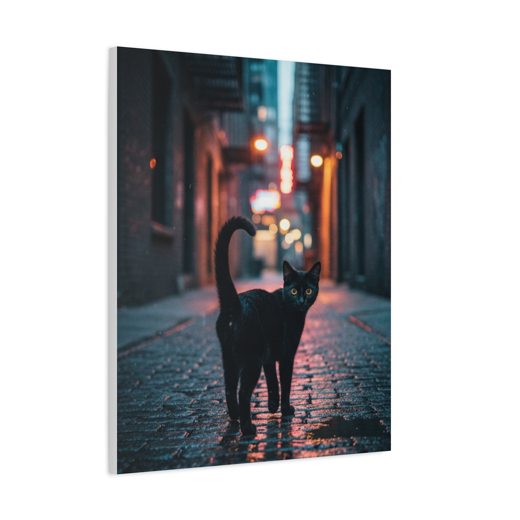 Black Cat Alley Matte Canvas Print — Noir Street Photography Wall Art