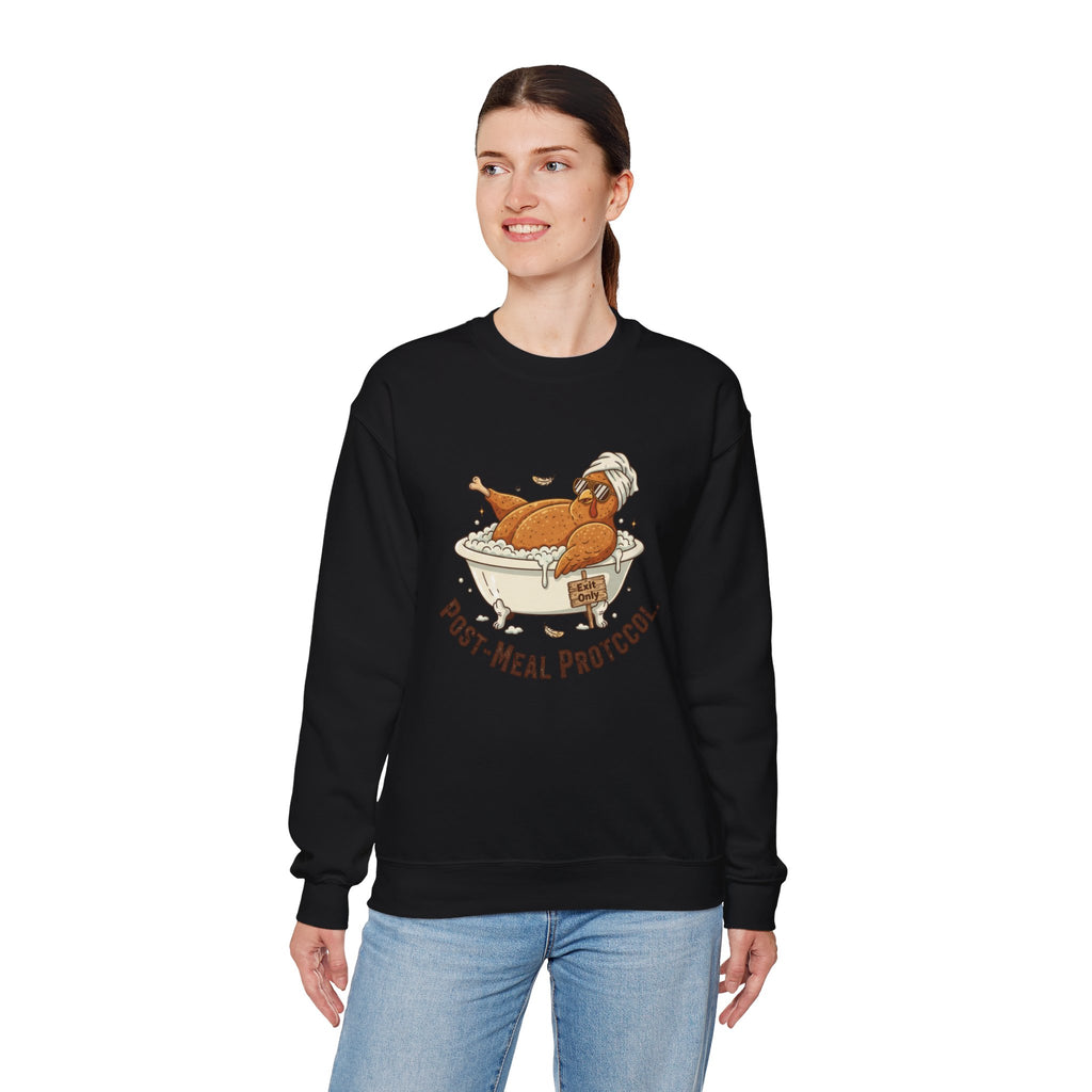 Crewneck Sweatshirt — "Post-Meal Protocol" Turkey Bath Cozy Graphic Pullover