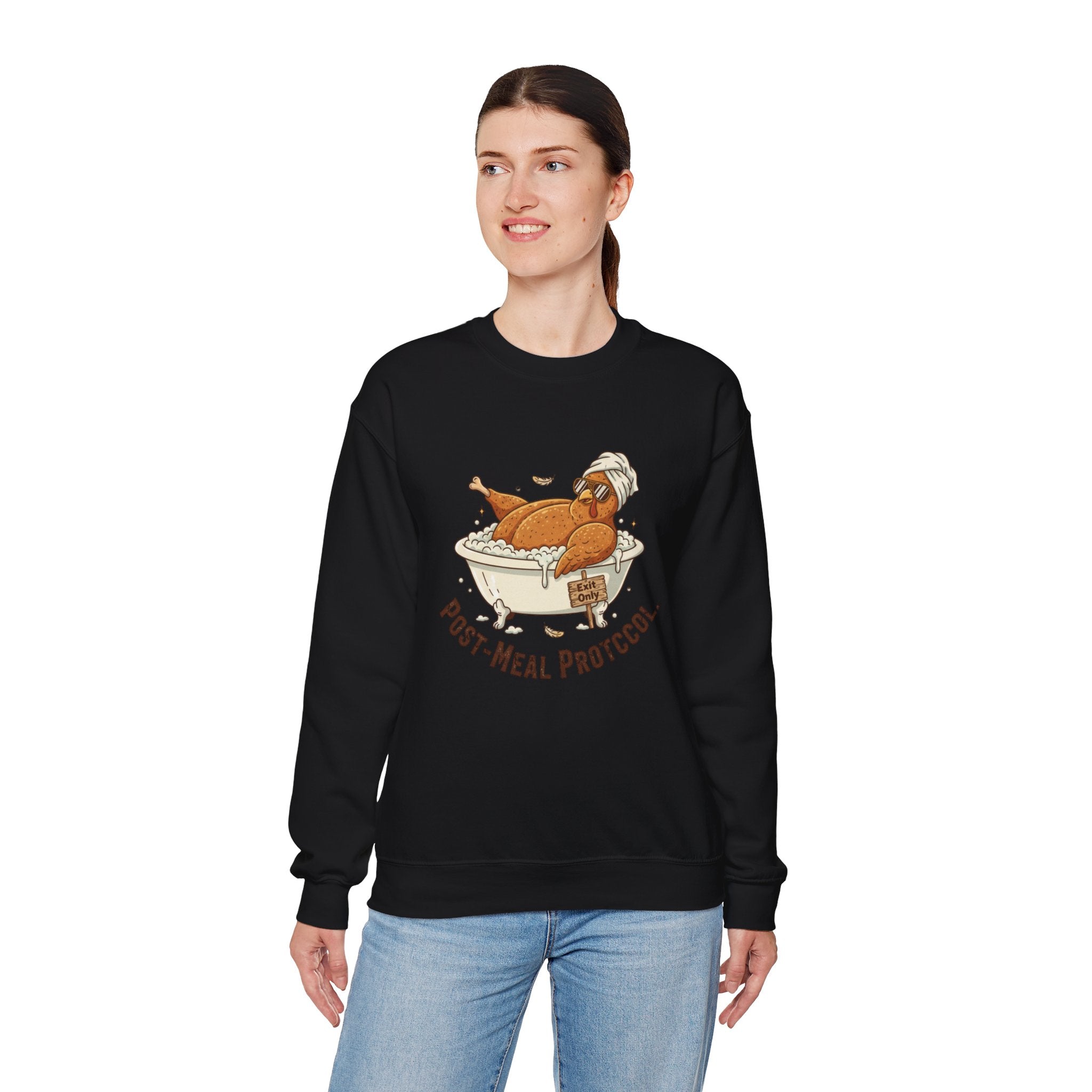 Crewneck Sweatshirt — "Post-Meal Protocol" Turkey Bath Cozy Graphic Pullover
