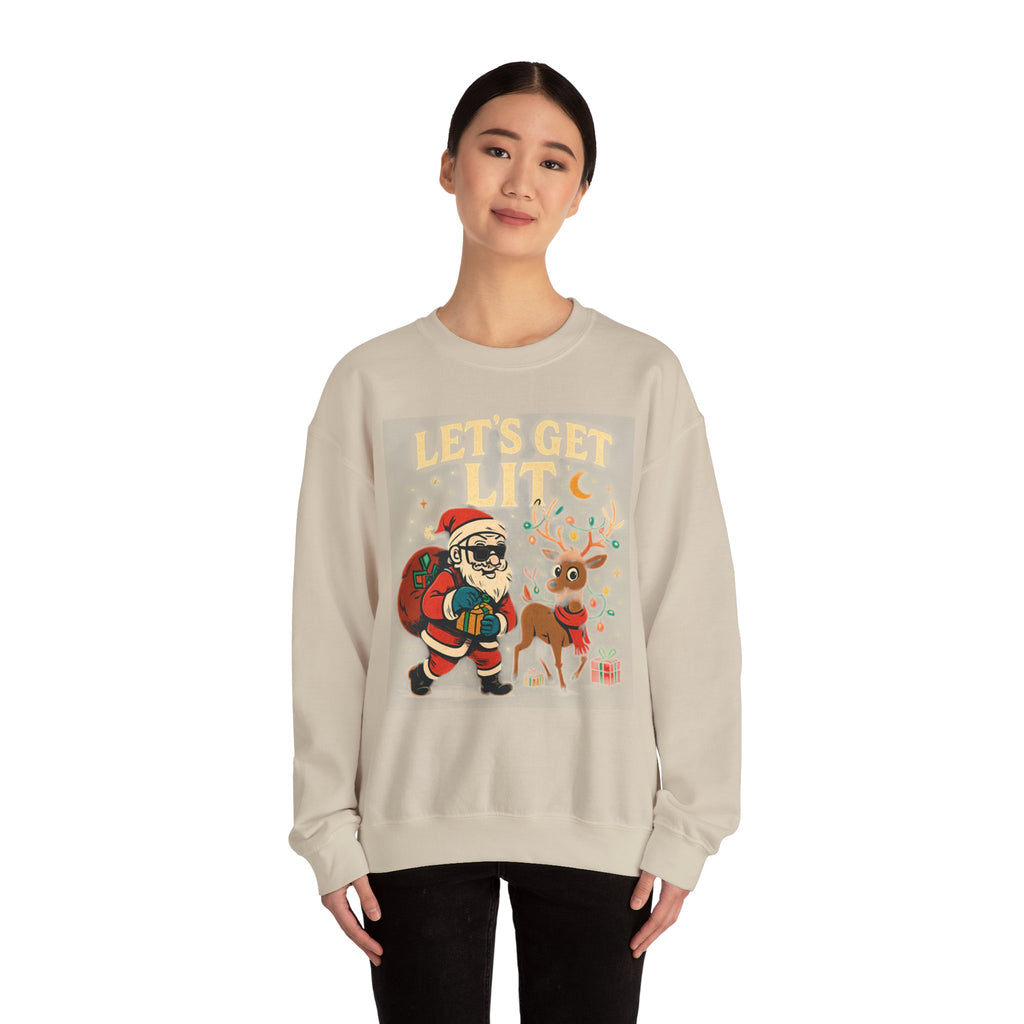 Crewneck Sweatshirt — 'Let's Get Lit' Santa & Reindeer Christmas Pullover