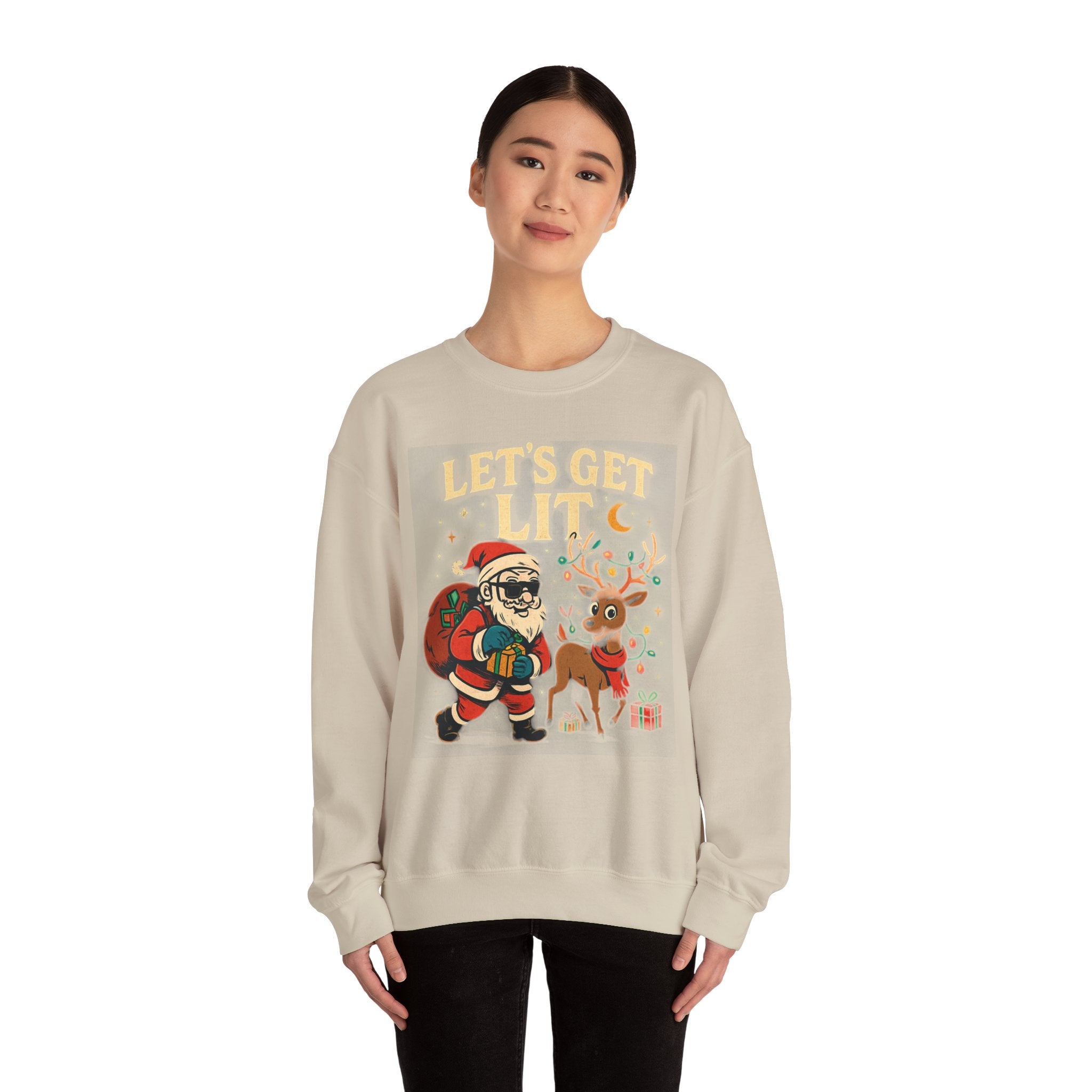Crewneck Sweatshirt — 'Let's Get Lit' Santa & Reindeer Christmas Pullover