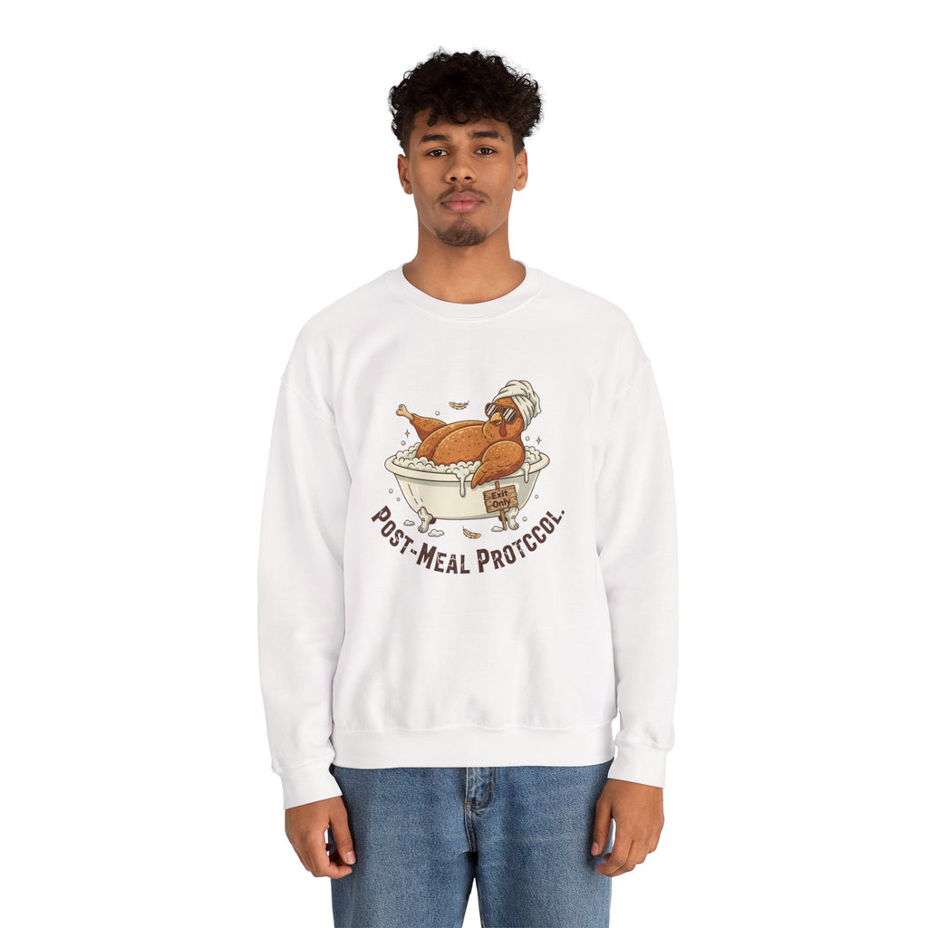 Crewneck Sweatshirt — "Post-Meal Protocol" Turkey Bath Cozy Graphic Pullover