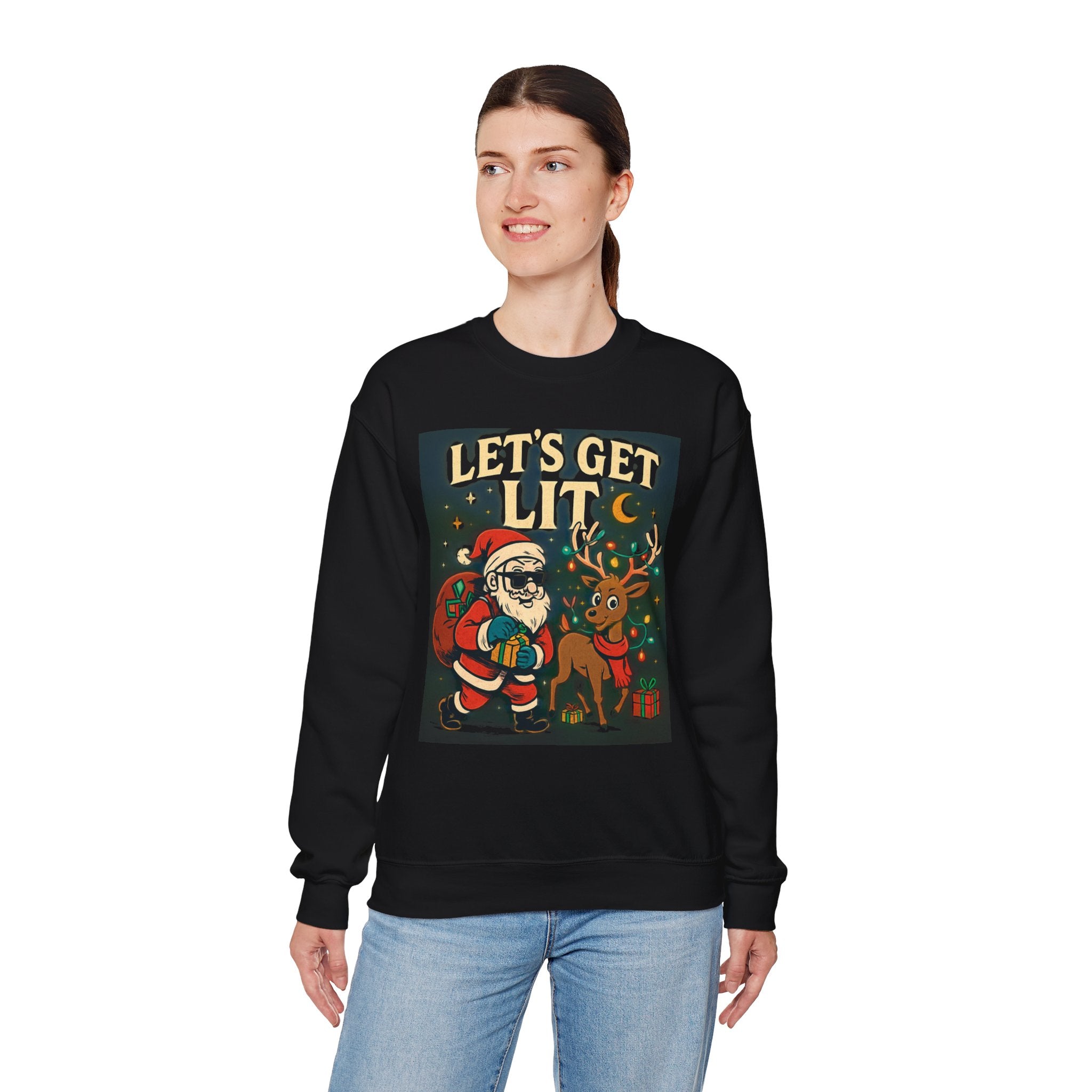 Crewneck Sweatshirt — 'Let's Get Lit' Santa & Reindeer Christmas Pullover