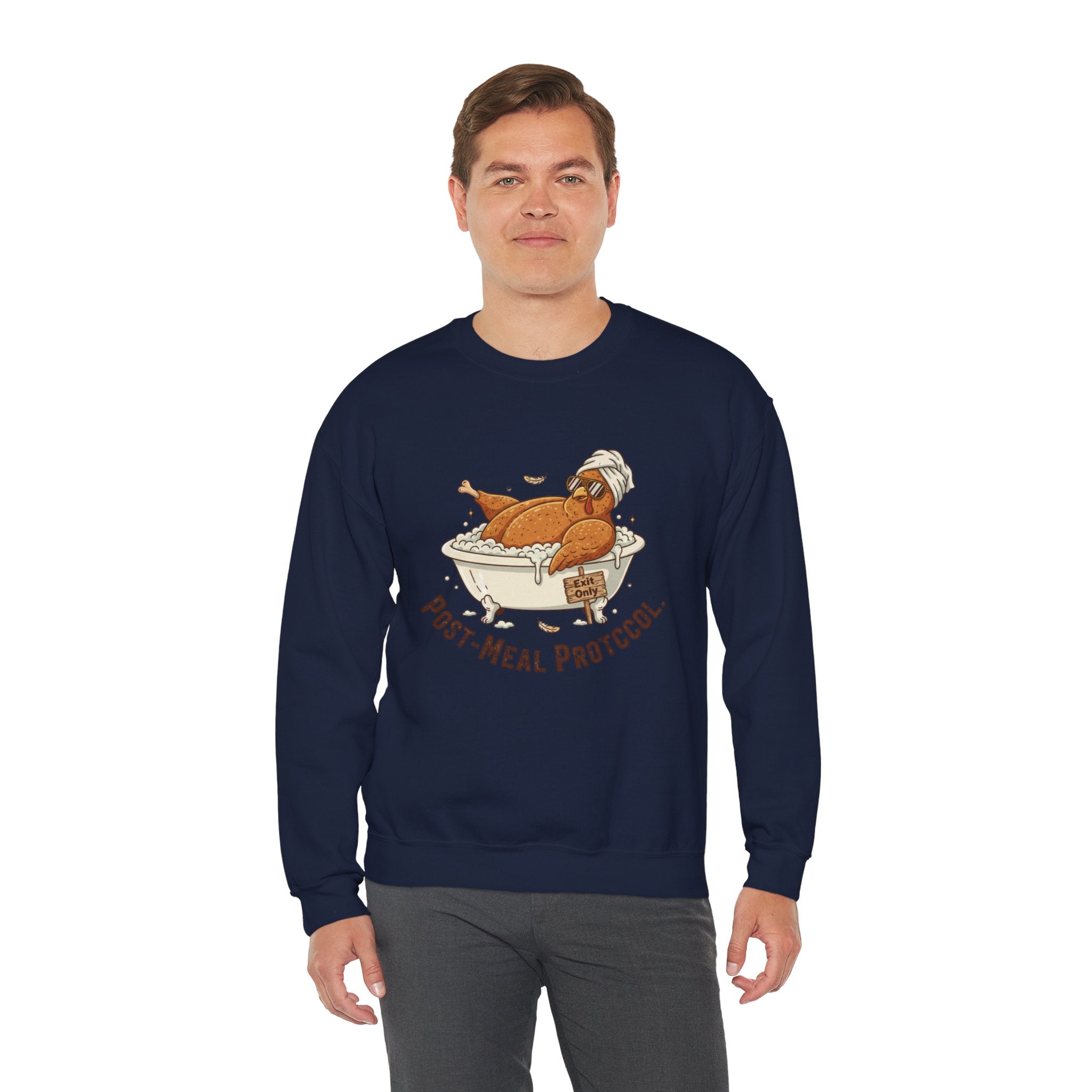 Crewneck Sweatshirt — "Post-Meal Protocol" Turkey Bath Cozy Graphic Pullover