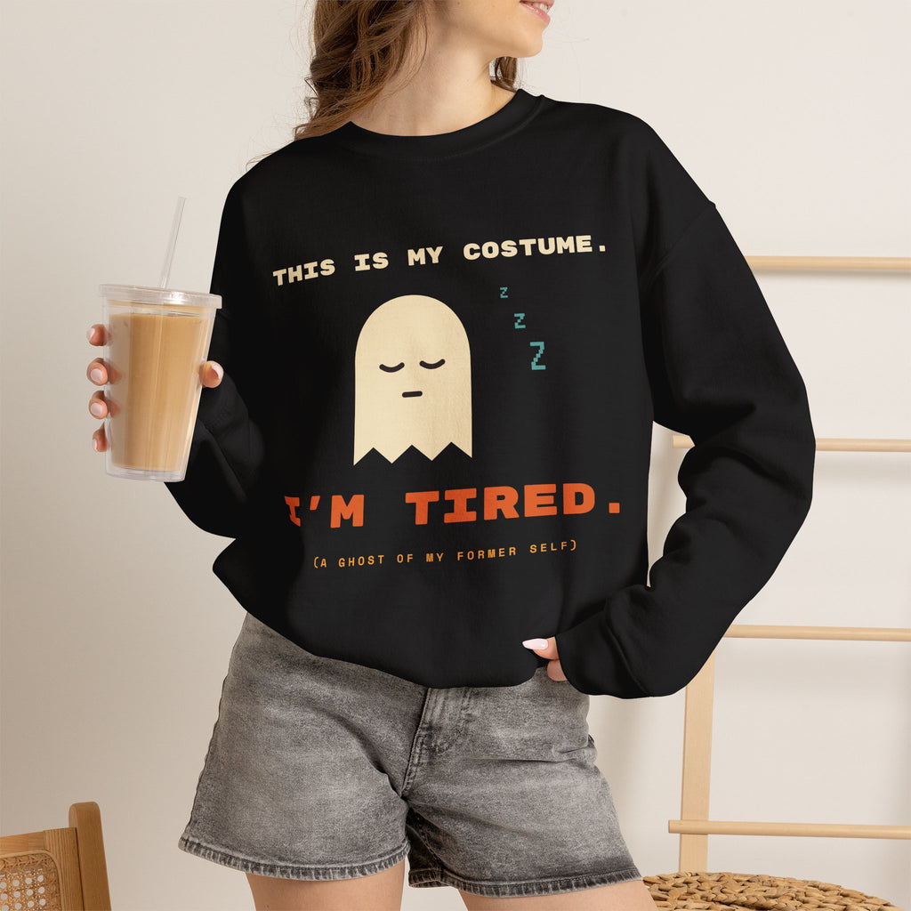 Crewneck Sweatshirt - "This Is My Costume. I’m Tired." Cute Sleepy Ghost Graphic
